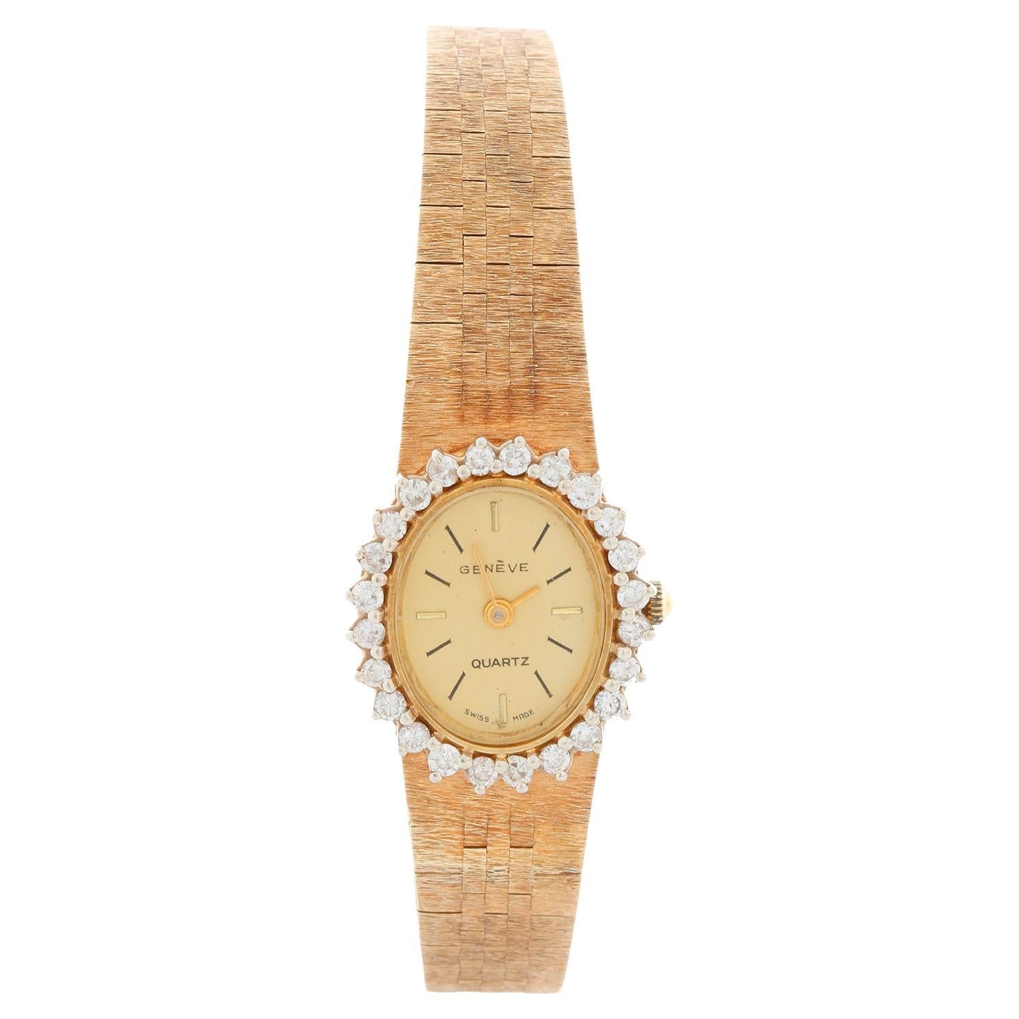 Montre habillée en or 14k Geneve avec diamants pour dames Vintage