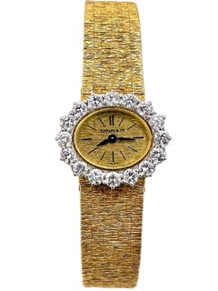 Vintage Ladies 18k Gold Tiffany & Co Wrist Watch with Diamond Bezel by Piaget