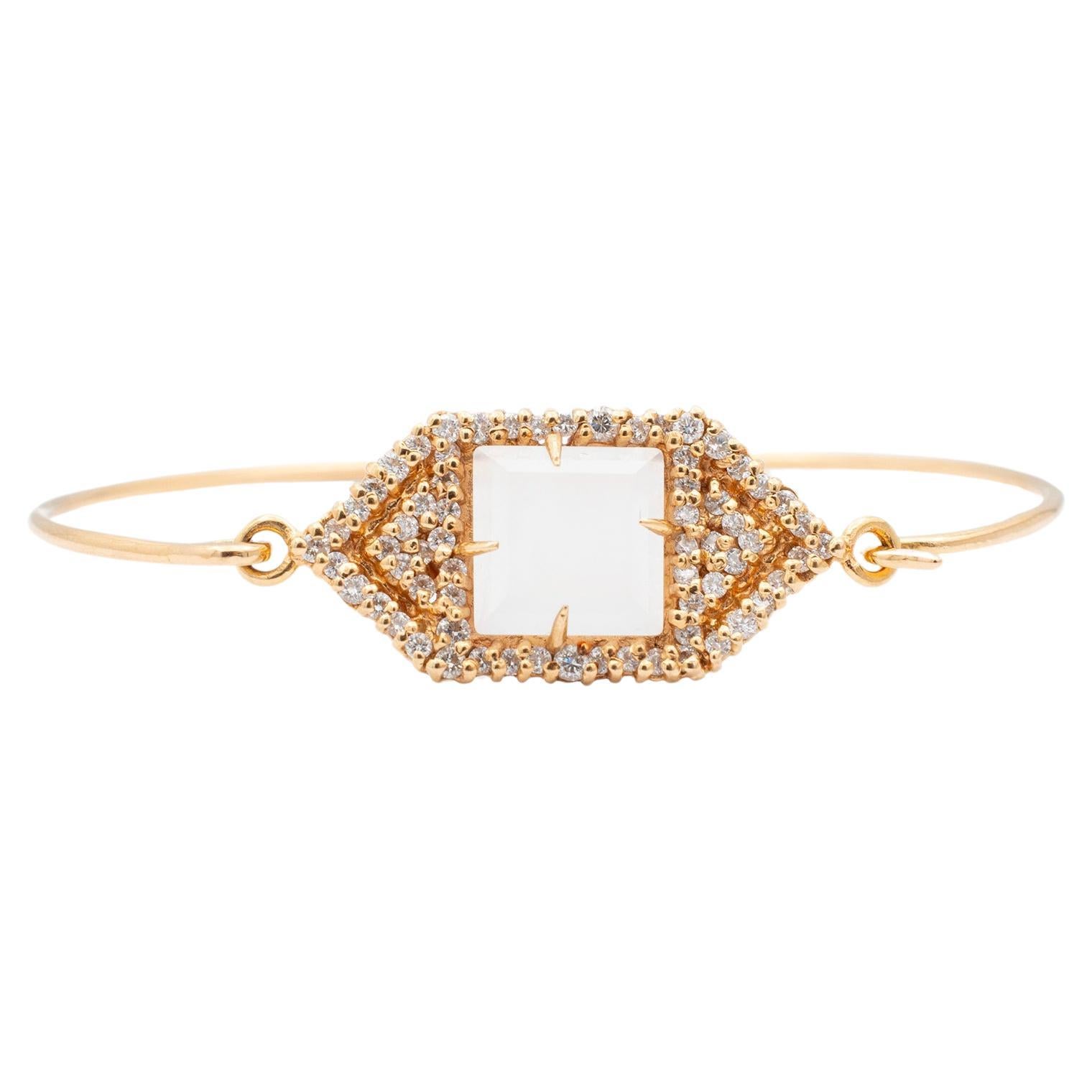 Vintage Ladies Rose Gold 18K Agate Diamond Narrow Hexagon Tag Bangle Bracelet en vente