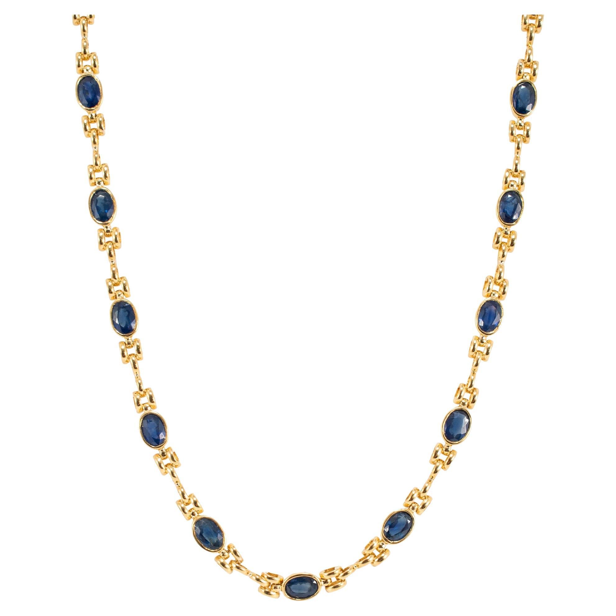 Vintage Ladies 18K Yellow Gold 10.12ct Blue Oval Sapphires Link Chain Necklace