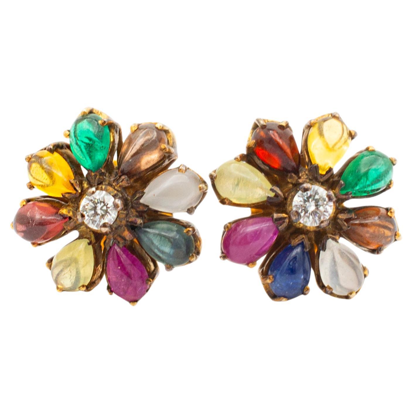 Vintage Ladies 18K Yellow Gold Diamond & Multi Gem Flower Stud Earrings For Sale