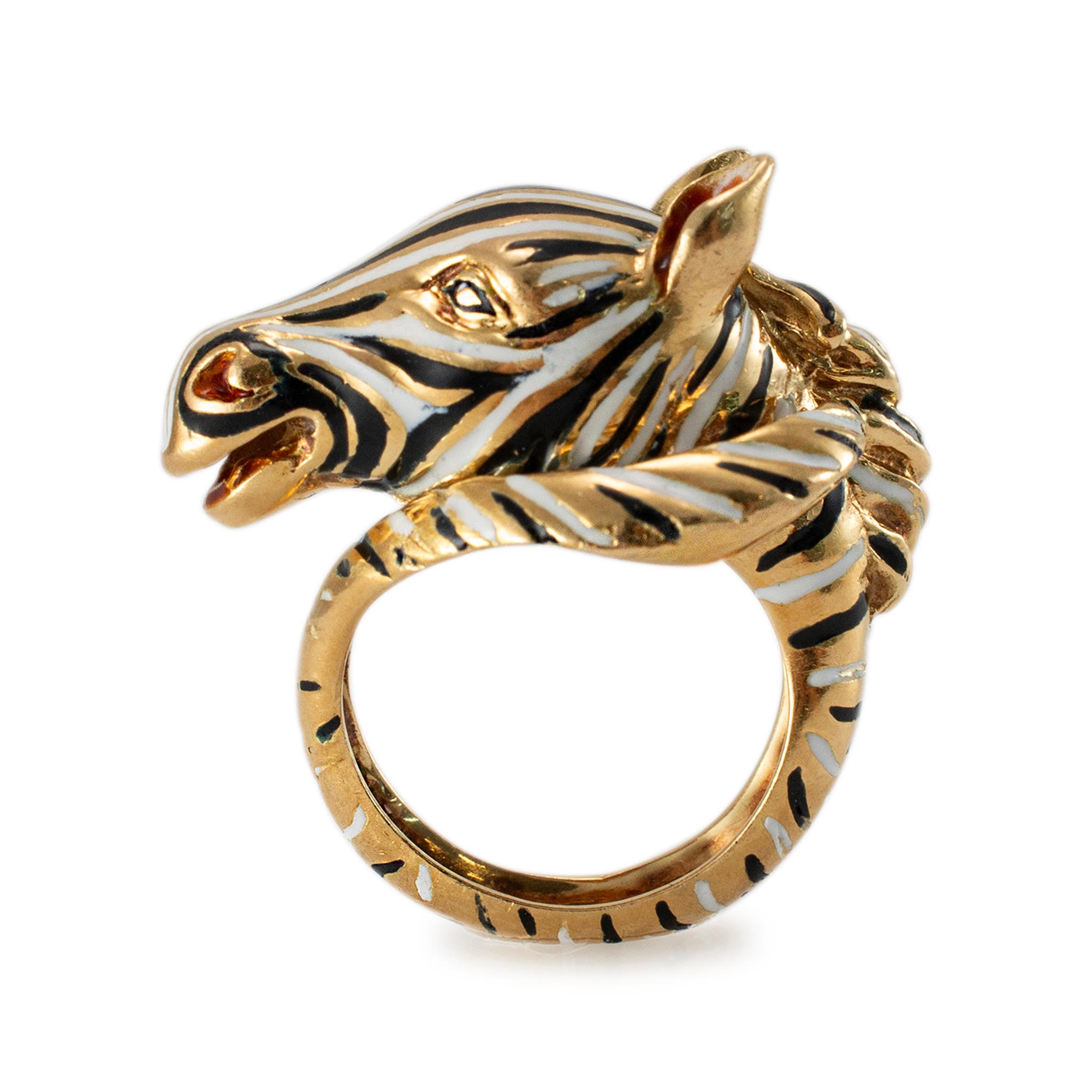 Zebra-Cocktailring für Damen, 18 Karat Gelbgold Emaille, Zebra im Zustand „Hervorragend“ in Houston, TX