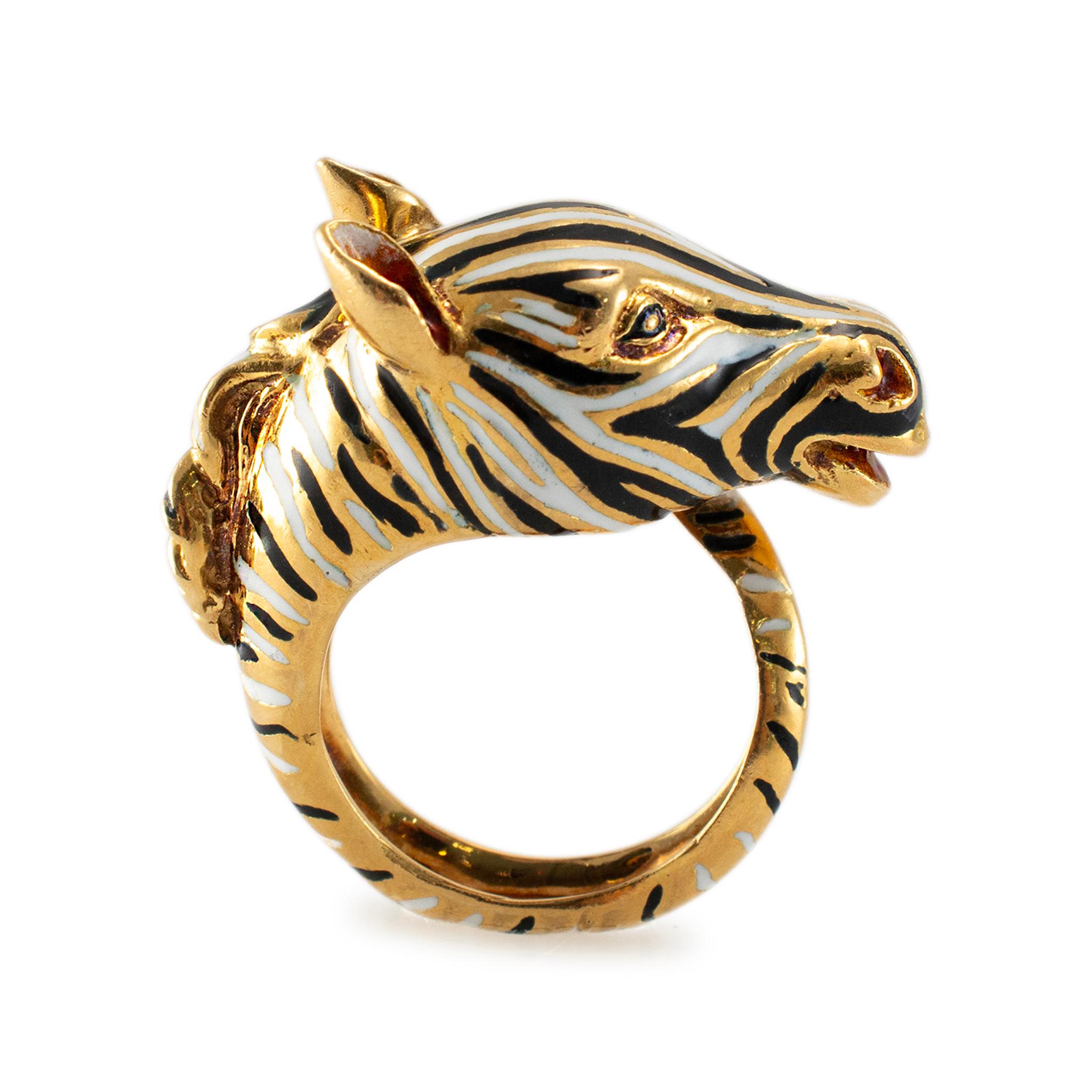 Zebra-Cocktailring für Damen, 18 Karat Gelbgold Emaille, Zebra 1