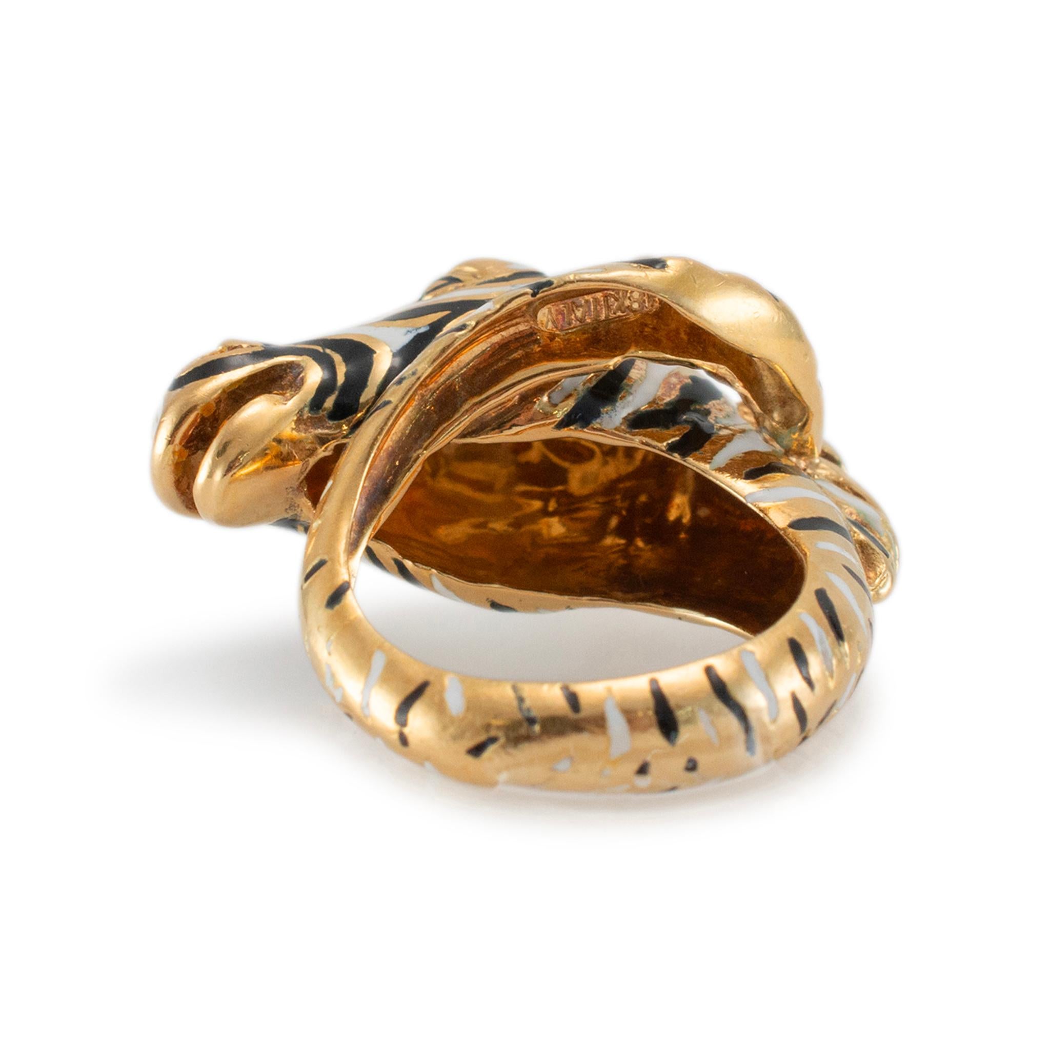 Zebra-Cocktailring für Damen, 18 Karat Gelbgold Emaille, Zebra 3