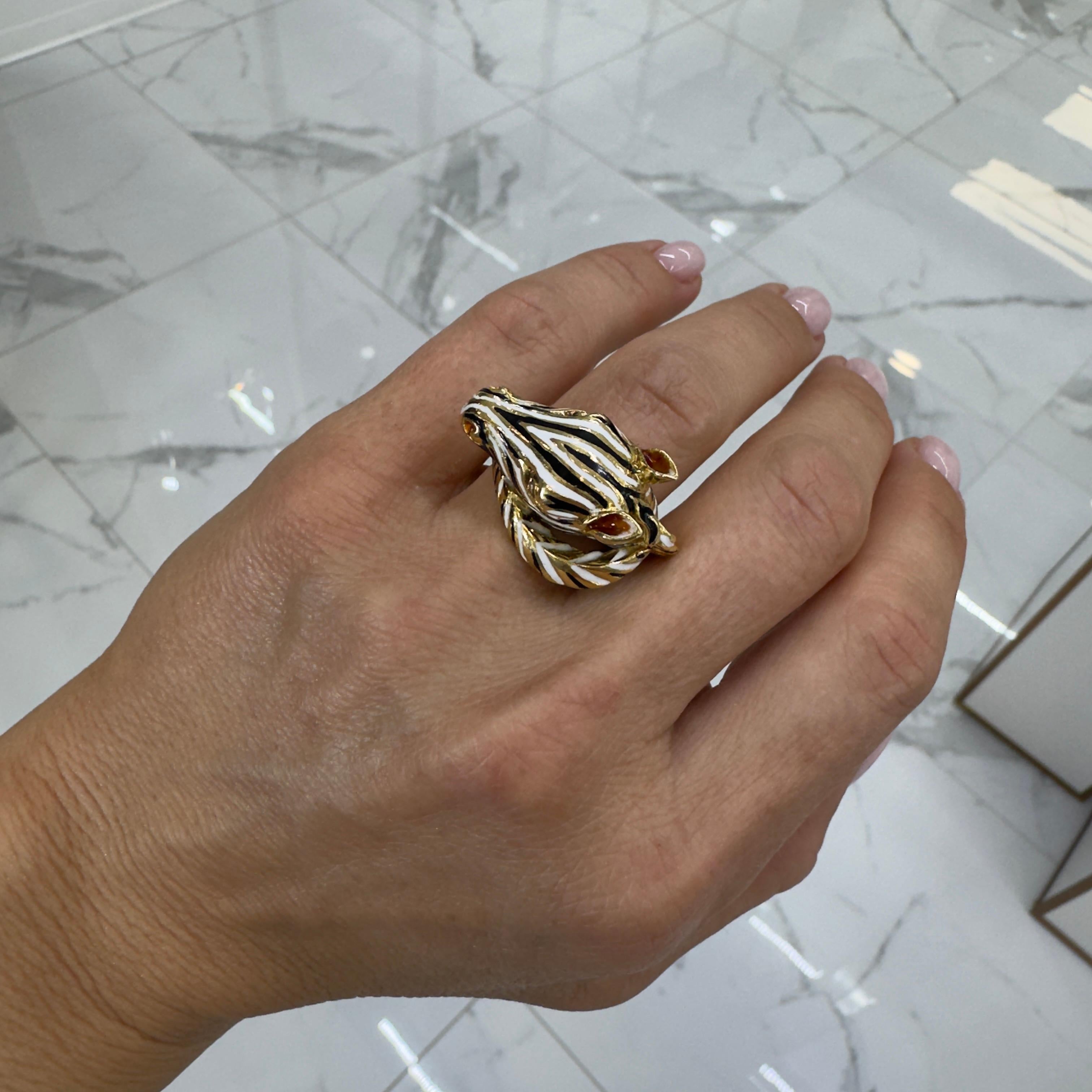 Zebra-Cocktailring für Damen, 18 Karat Gelbgold Emaille, Zebra 5