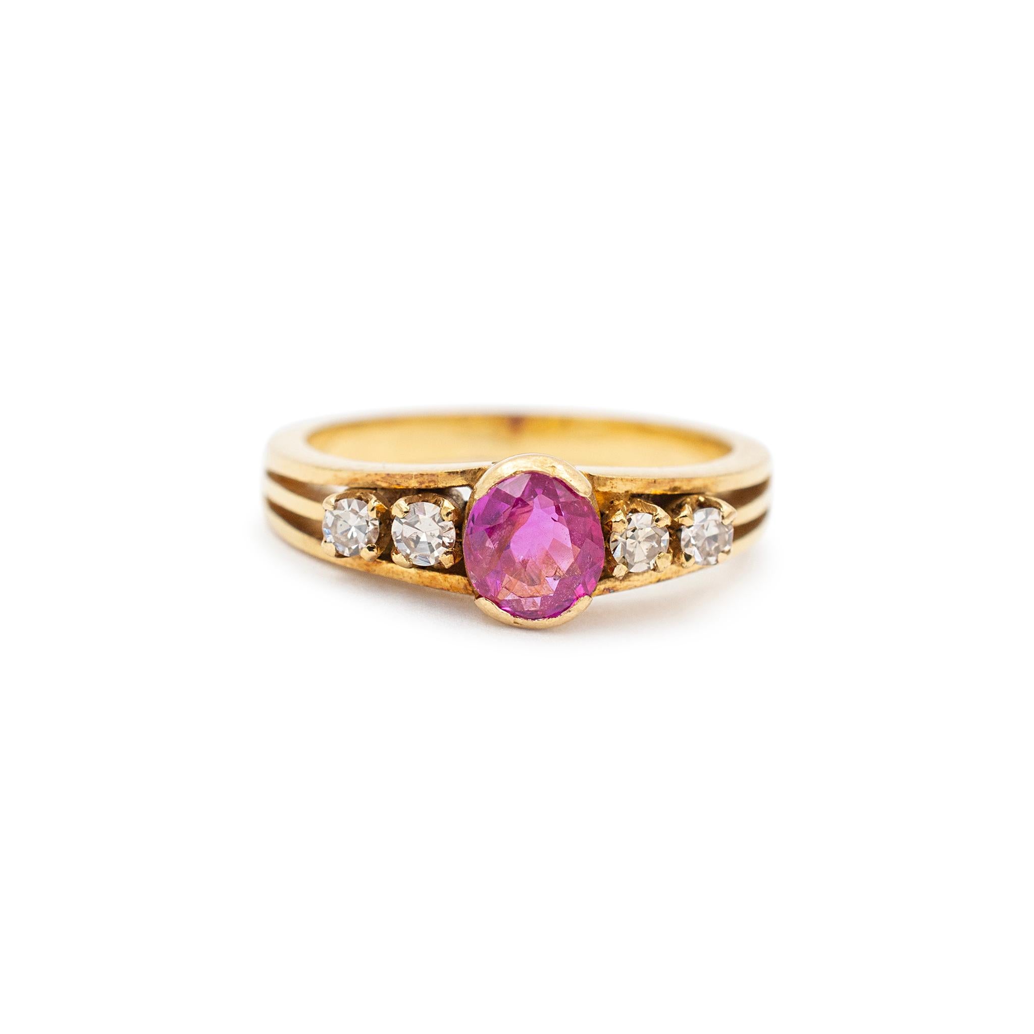 Gender: Ladies

Metal Type: Yellow Gold

Ring Size: 3.25

Width: Approximately 5.50 mm tapering to 1.95 mm

Weight: 2.70 grams

One ladies custom-made polished 18K yellow gold, diamond, and pink sapphire vintage cocktail ring with a half-round