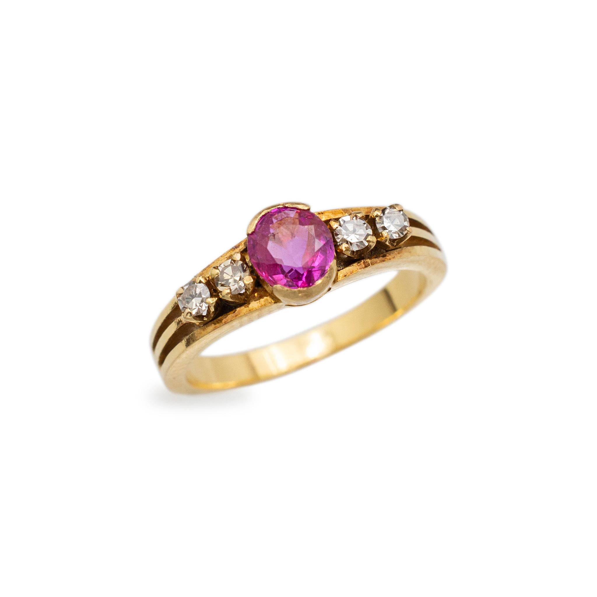 Oval Cut Vintage Ladies 18K Yellow Gold Pink Sapphire Diamond Cocktail Ring For Sale