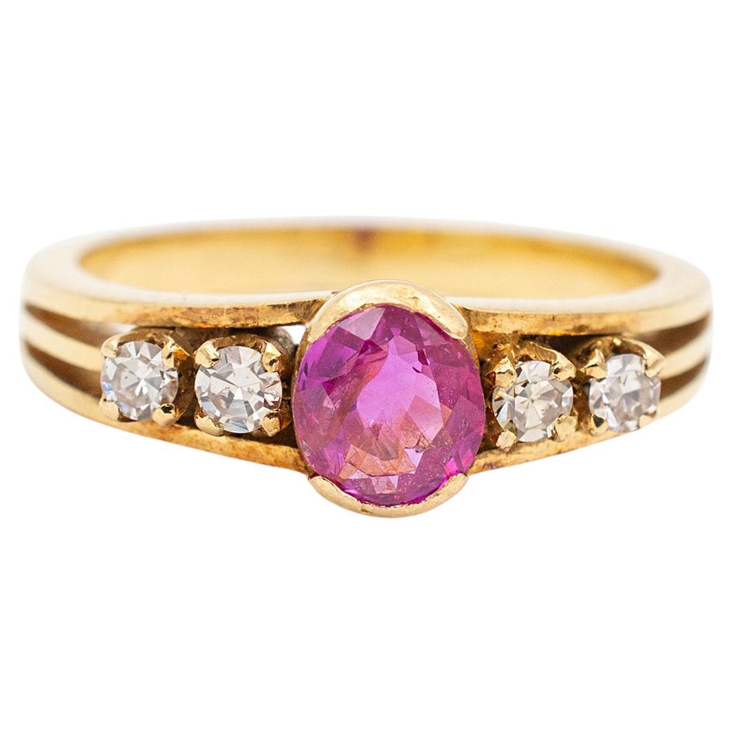 Vintage Ladies 18K Yellow Gold Pink Sapphire Diamond Cocktail Ring For Sale