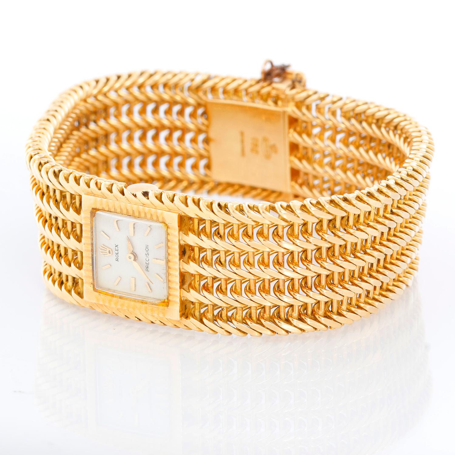 Vintage Ladies 18k Yellow Gold Square Ladies Watch on Mesh Bracelet - Manual winding. 18Kyellow gold case (16mm x 20mm). White dial with stick hour markers. 18Kyellow gold integrated mesh bracelet with Rolex crown on clasp (will fit apx. 7 in.