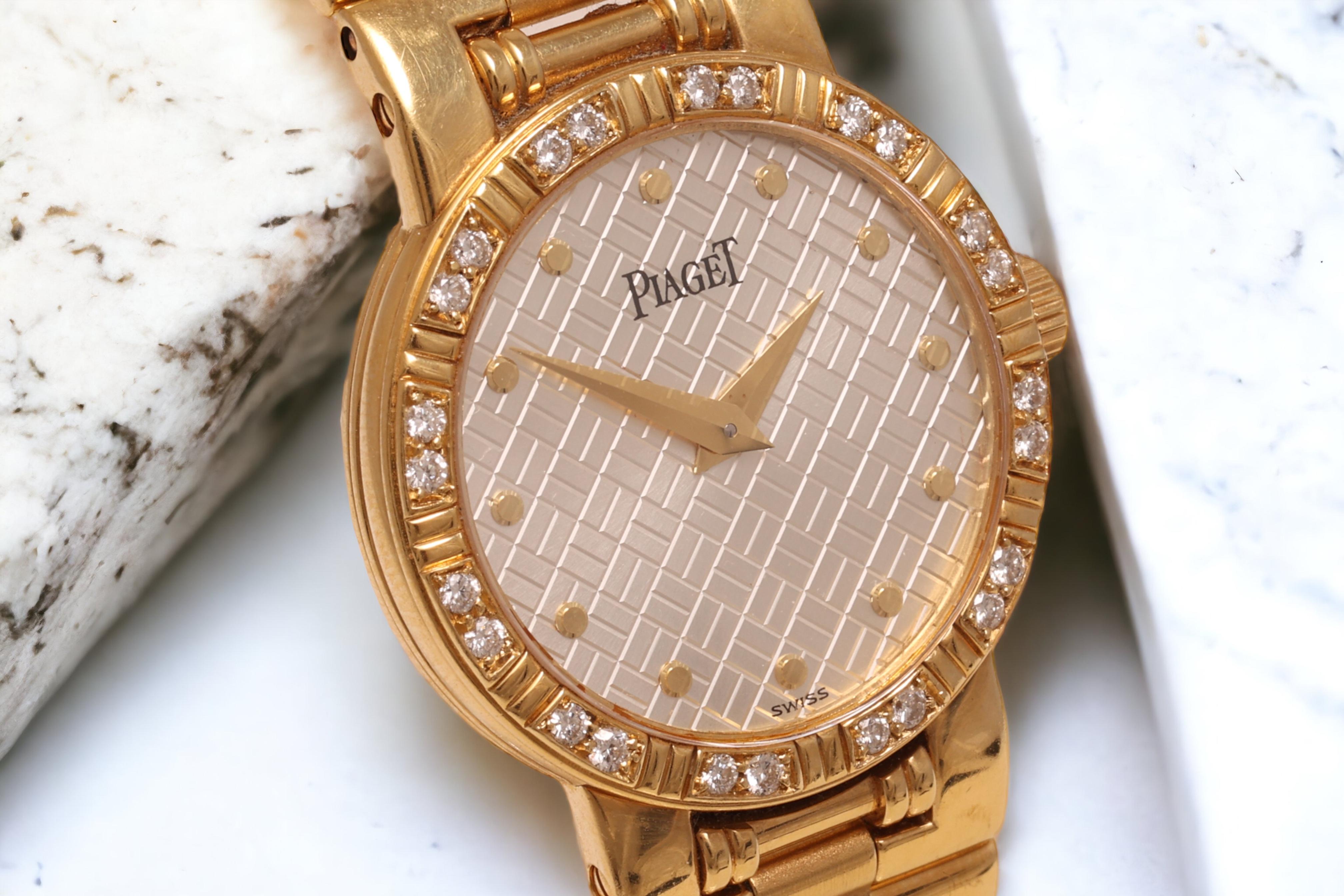 Women's Vintage Ladies 18kt Gold Piaget Dancer Diamonds Wrist Watch, Quartz , Diam 23 mm For Sale