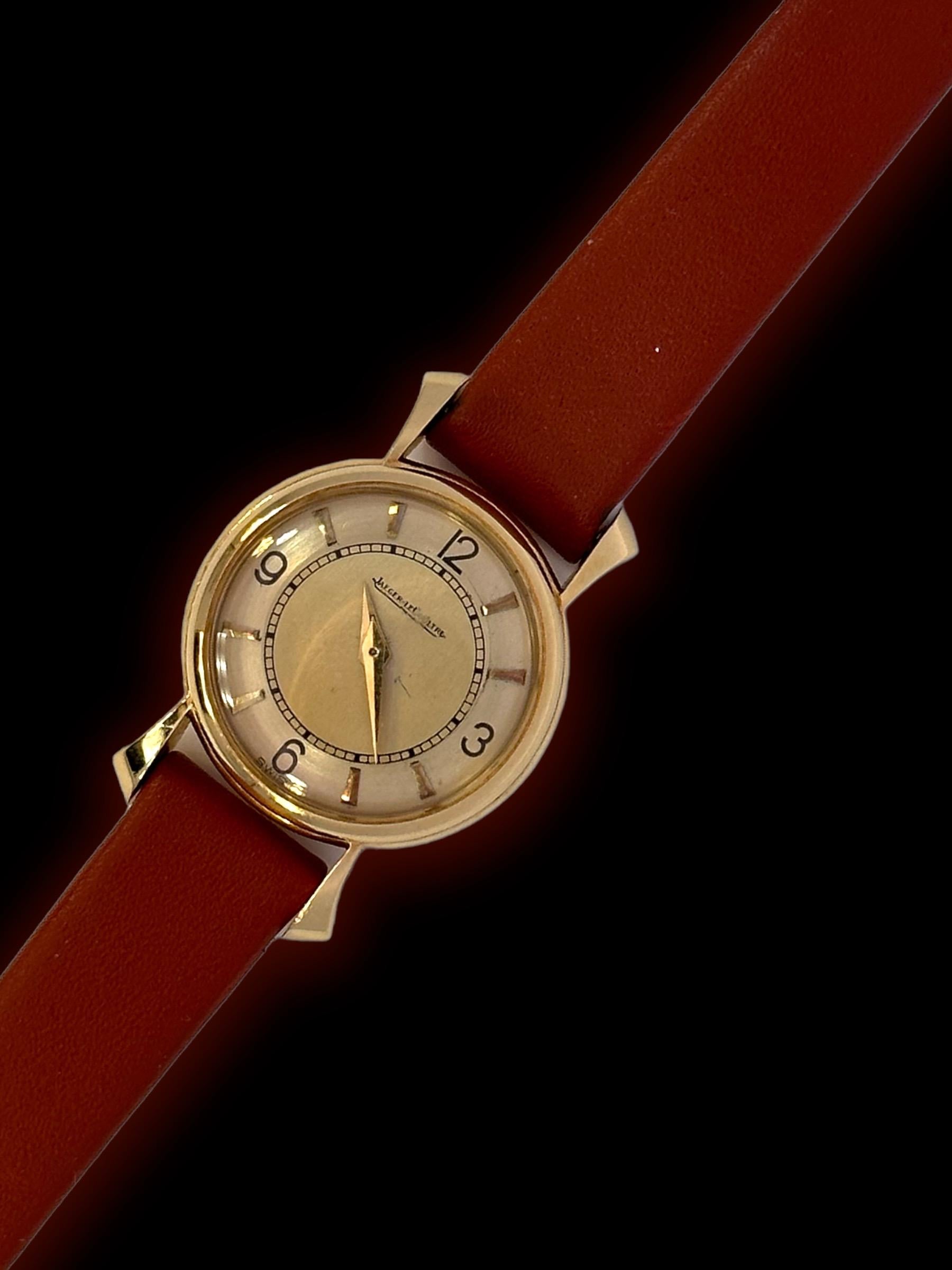 Artisan Vintage Ladies 18kt Yellow Gold Jaeger Le Coultre Back Winder Wrist Watch Rare For Sale