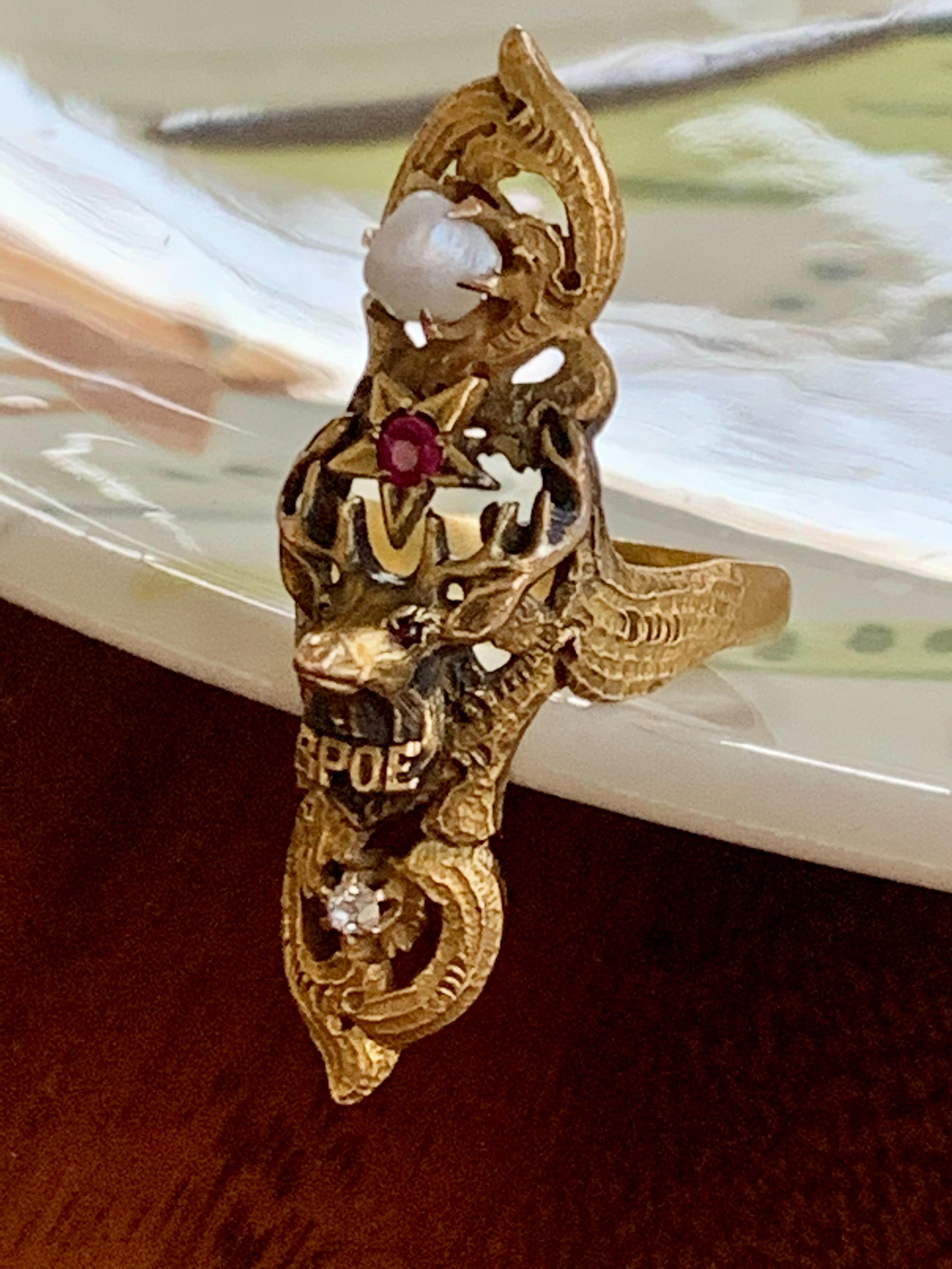 Vintage Ladies BPOE 14 Karat Yellow Gold ring with Diamond, Ruby and Pearl For Sale 5