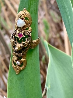 Vintage Ladies BPOE 14 Karat Yellow Gold ring with Diamond, Ruby and Pearl