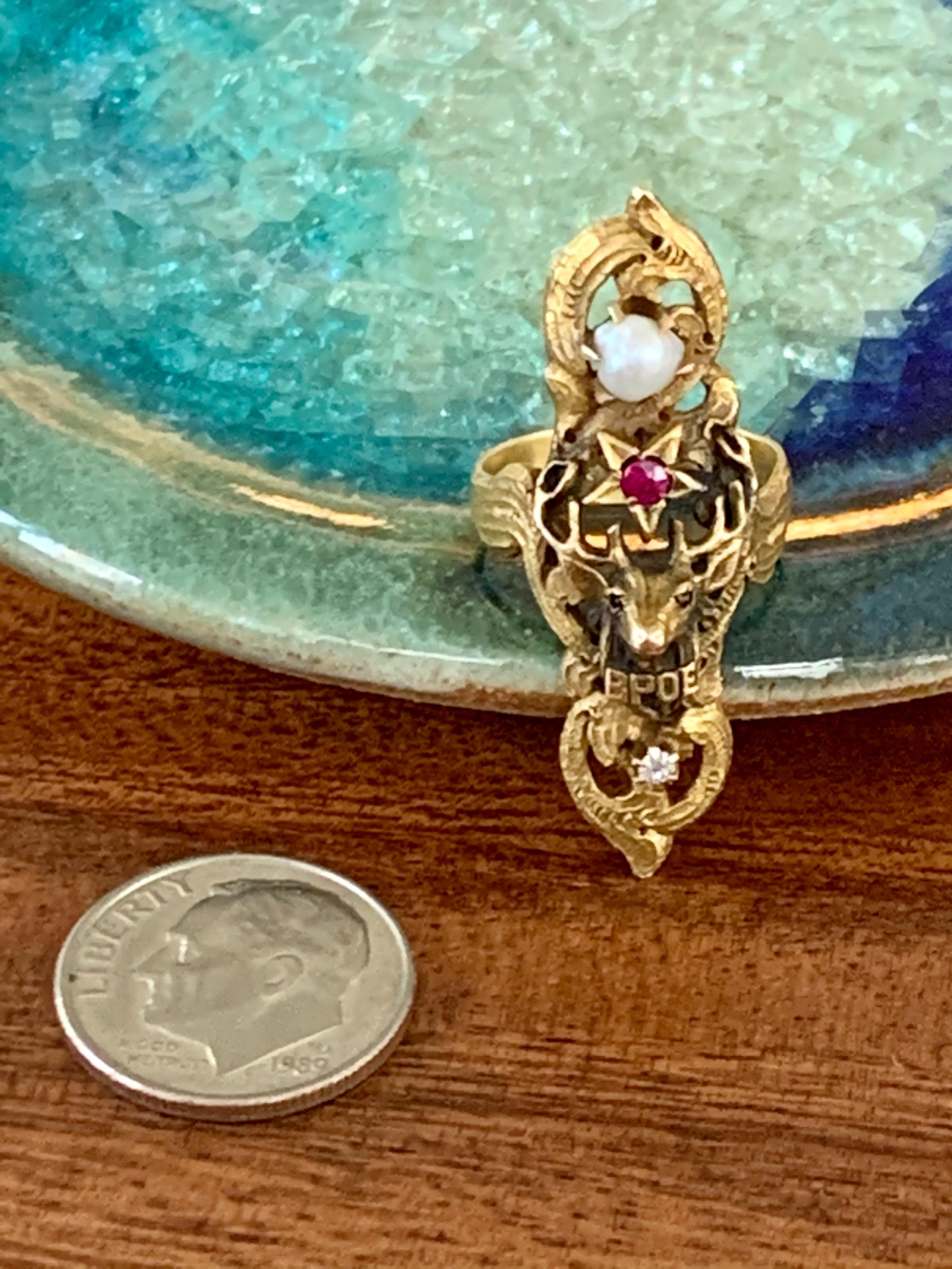 Vintage Ladies BPOE 14 Karat Yellow Gold ring with Diamond, Ruby and Pearl In Excellent Condition For Sale In St. Louis Park, MN