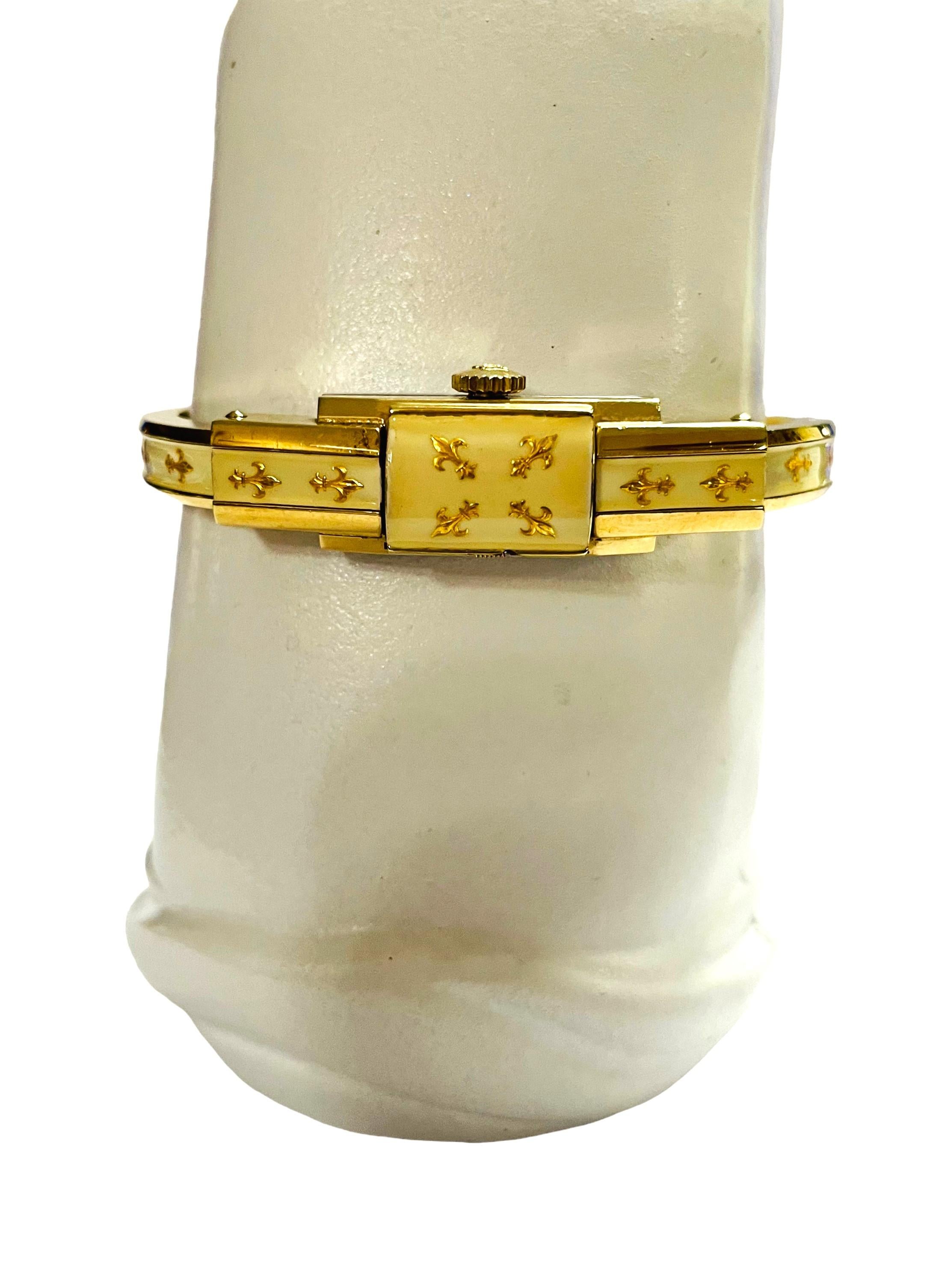 Vintage Ladies Bucherer Enamel Fleur Di Lis Hidden Watch Bracelet 1