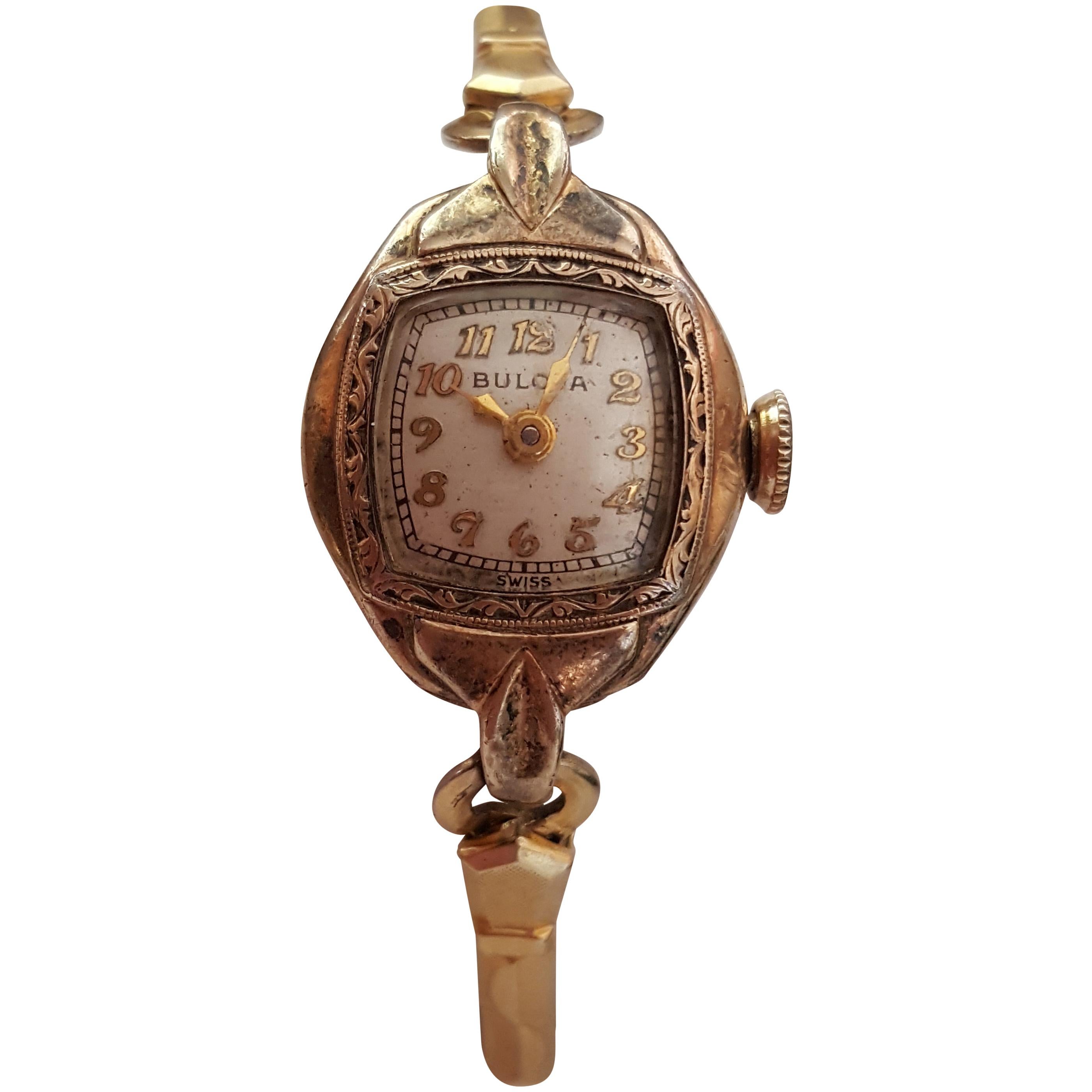 Vintage Ladies Bulova 10 Karat Rose Gold-Plated Watch, Champagne Face, Petite