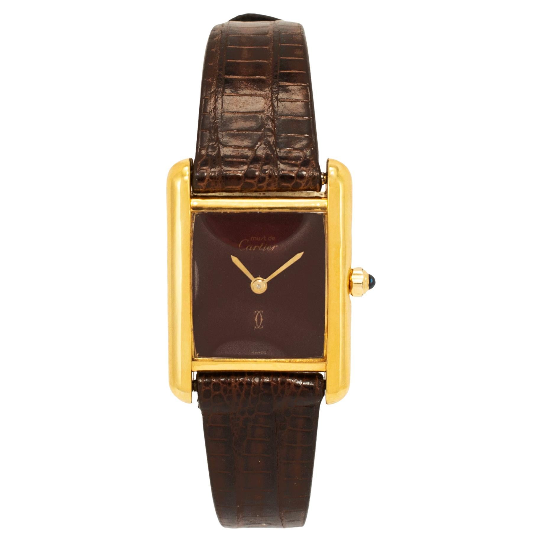 Vintage Ladies Cartier Tank Vermeil 21MM 366001 Bordeaux 925 Gold Plaque Watch
