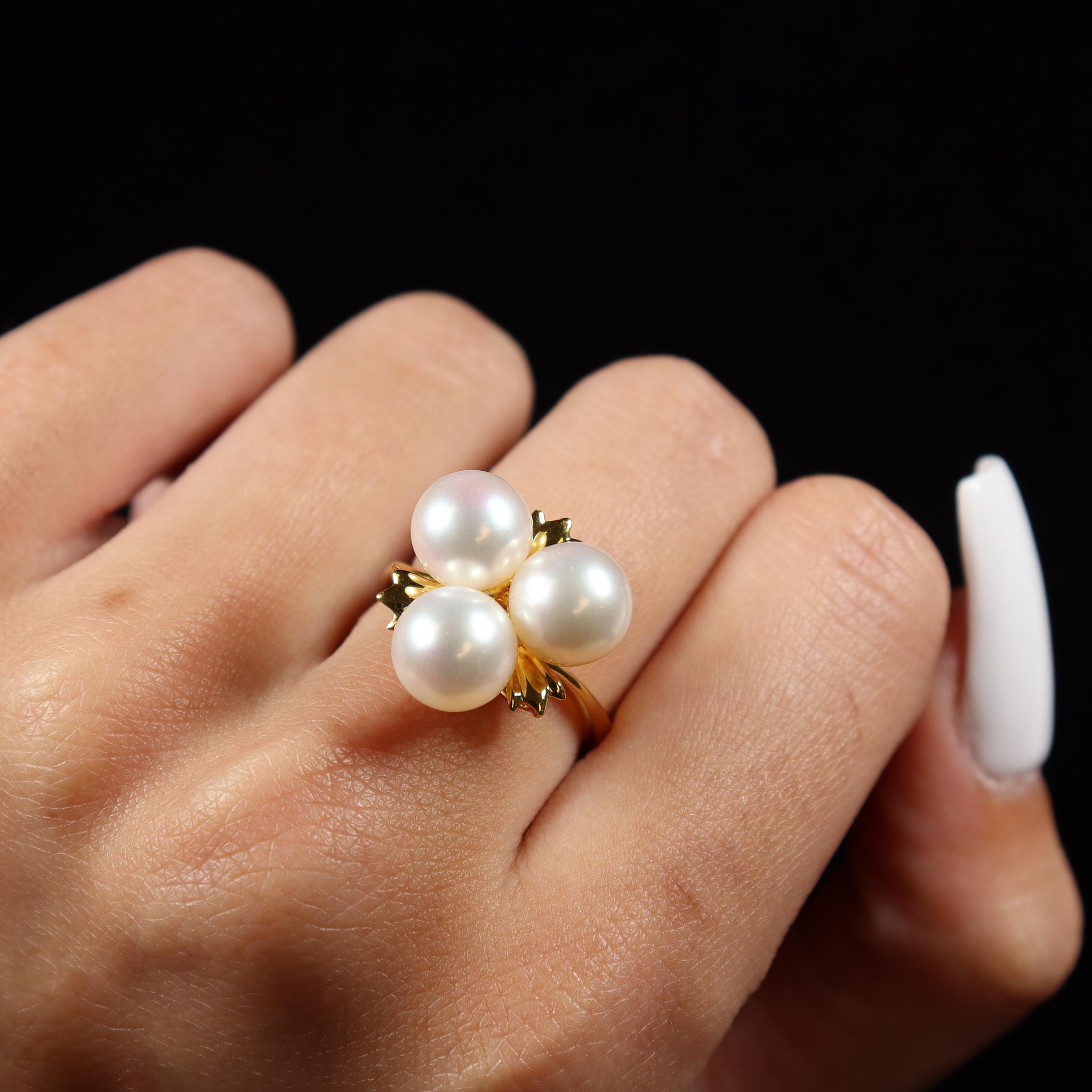 Anello vintage da donna con perle da cocktail in oro giallo 18 carati 2