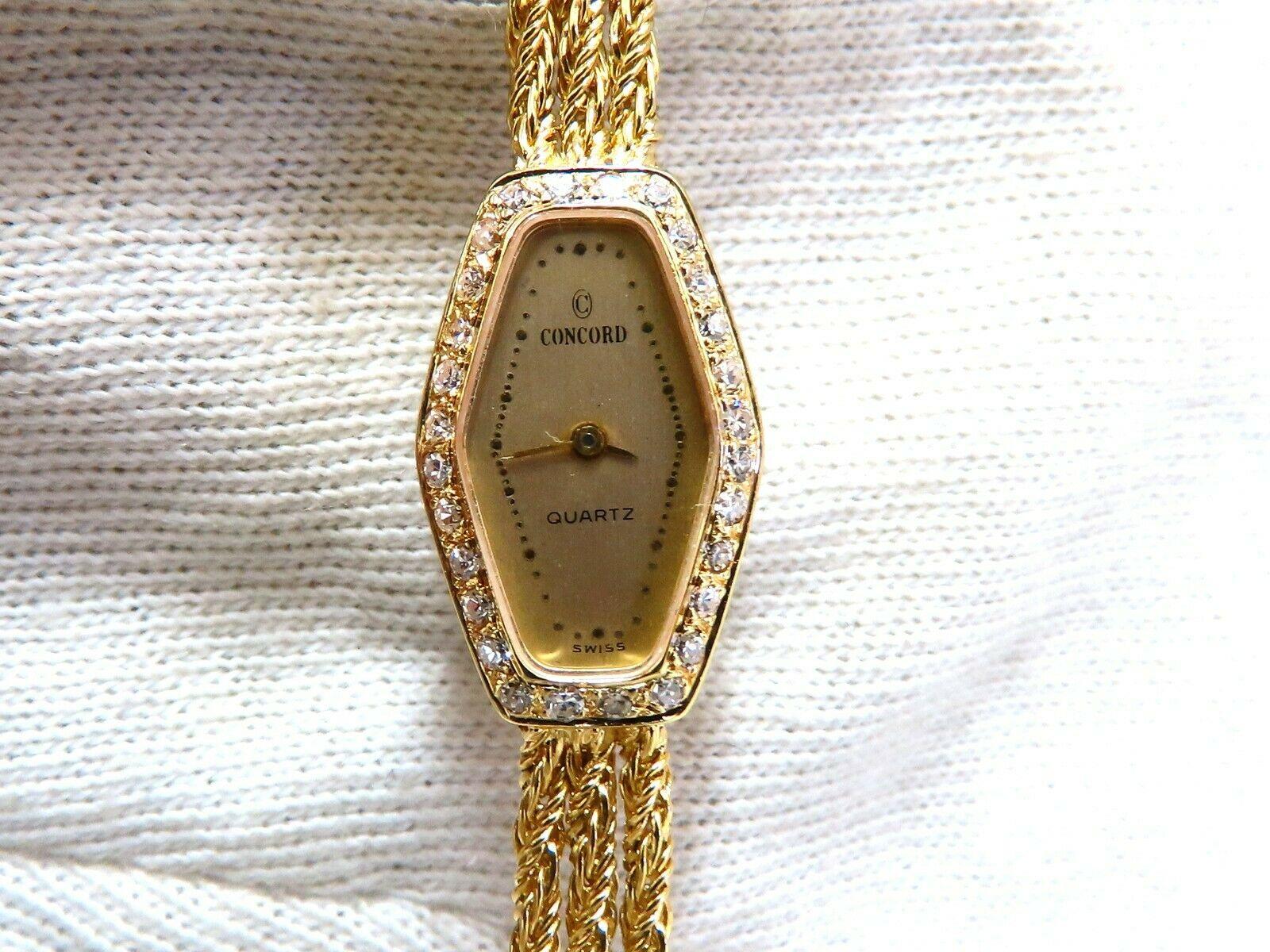Concorde Ladies Watch Circa 1970's



High grade Swiss Quartz Movement.



.30ct. natural round diamonds



G-color Vs-2 clarity



Working Order.



14kt Three Strand Band



7.25 inch Wearable Length



16.3 grams



19.7 X 12.4mm case