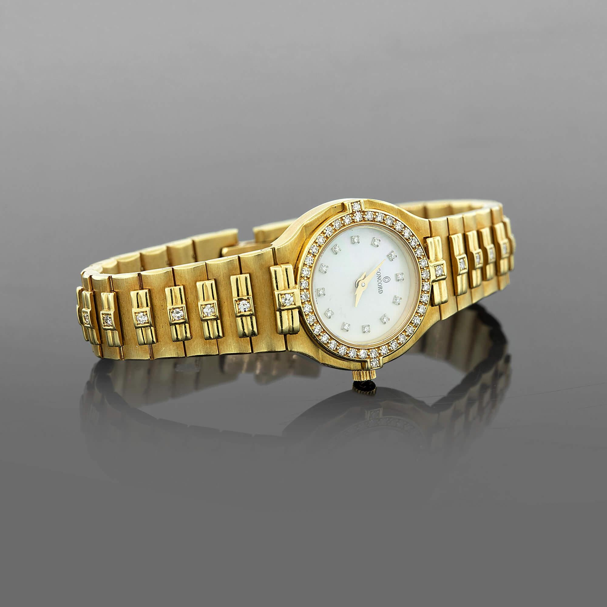 Brilliant Cut Vintage Ladies Corcord 18k Yellow Gold & Diamond Set Watch Circa 1980s For Sale