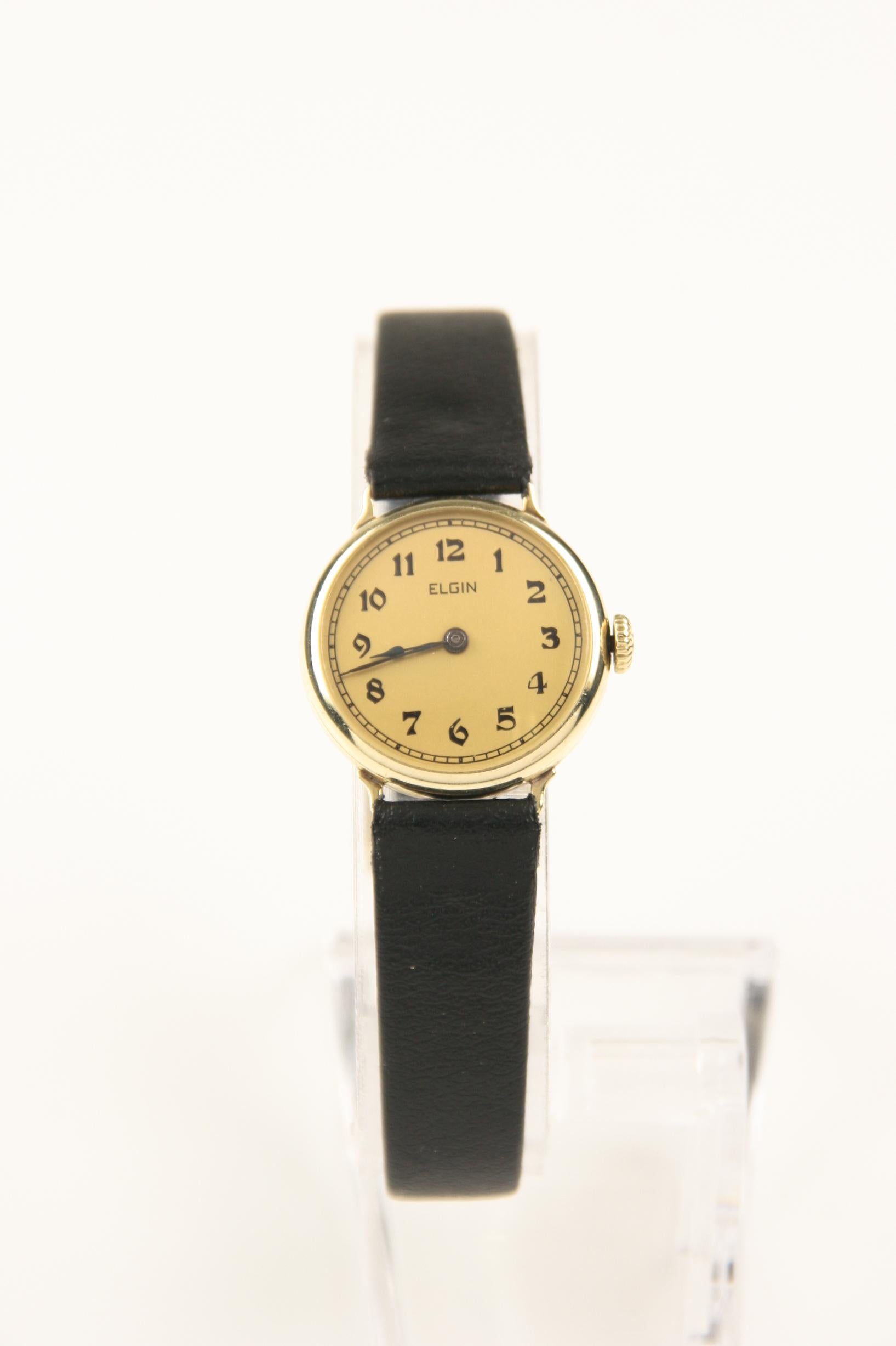 Women's or Men's Vintage Ladies' Elgin 14k Gold Hand-Winding Watch with Black Leather Strap For Sale