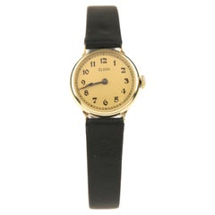 Vintage Ladies' Elgin 14k Gold Hand-Winding Watch with Black Leather Strap