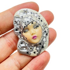 Vintage ladies face porcelain artisan signed designer brooch