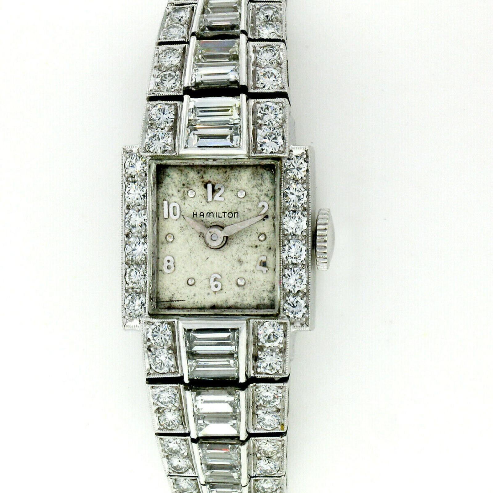 Art Deco Vintage Ladies Hamilton Wristwatch 7.79ctw Fine Diamond Platinum Case Bracelet