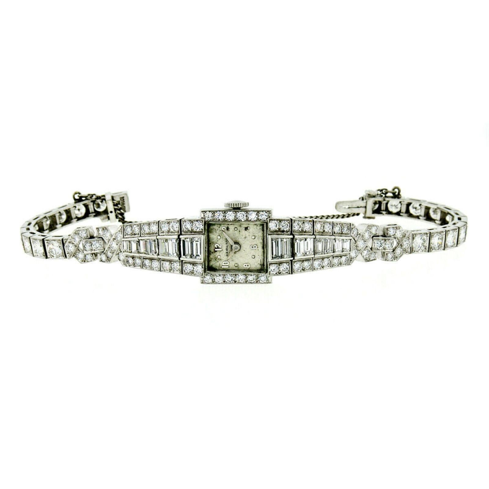 Baguette Cut Vintage Ladies Hamilton Wristwatch 7.79ctw Fine Diamond Platinum Case Bracelet