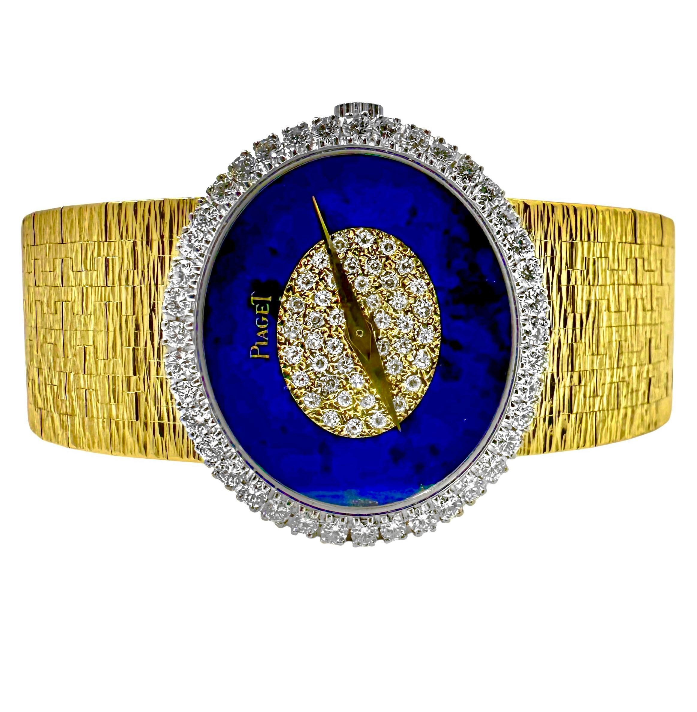 This spectacular vintage Swiss Piaget ladies 18K yellow gold wristwatch with lapis-lazuli and diamond dial, diamond bezel, and integral Piaget gold bark finish band, is a testament to the highly regarded house's watchmaking prowess and impeccable