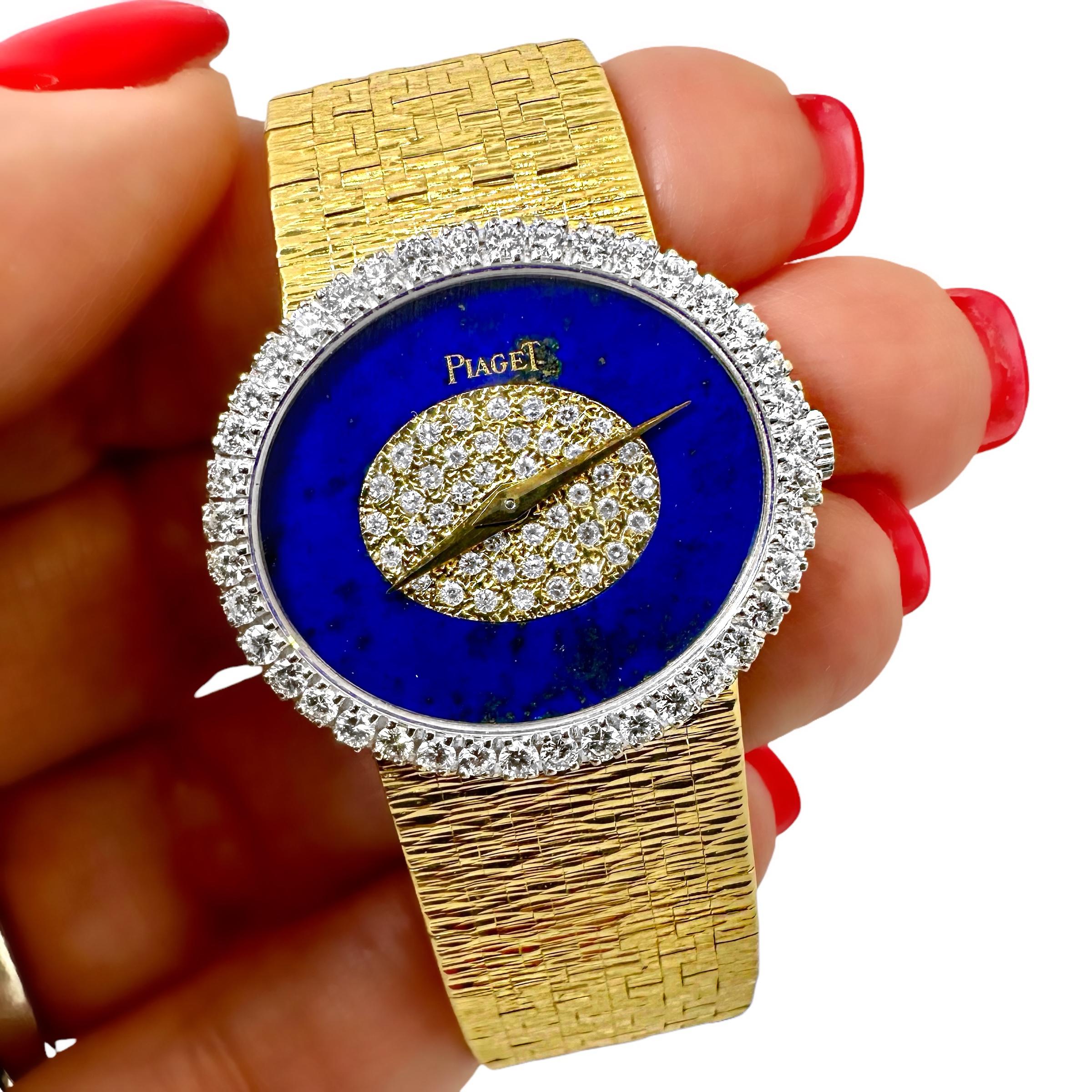Vintage Ladies Piaget Wristwatch Oval Lapis Lazuli & Diamond Dial in Yellow Gold For Sale 3