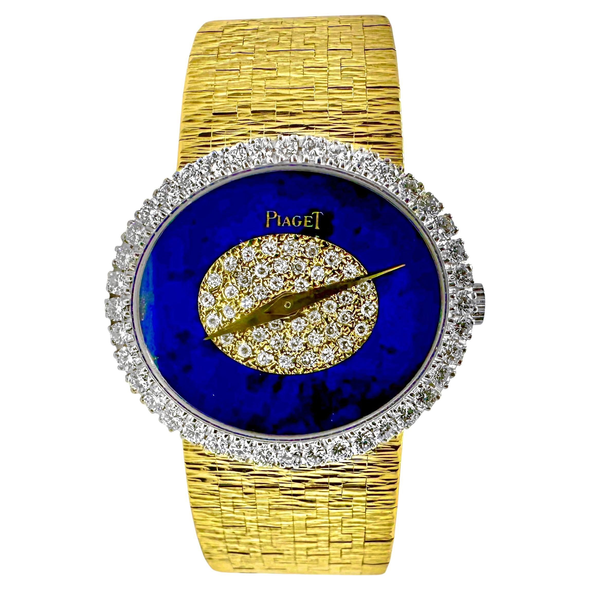 Vintage Ladies Piaget Wristwatch Oval Lapis Lazuli 
Diamond Dial in Yellow Gold For Sale