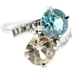 Vintage Ladies Platinum Blue Topaz, Zircon and Diamond Fashion Ring
