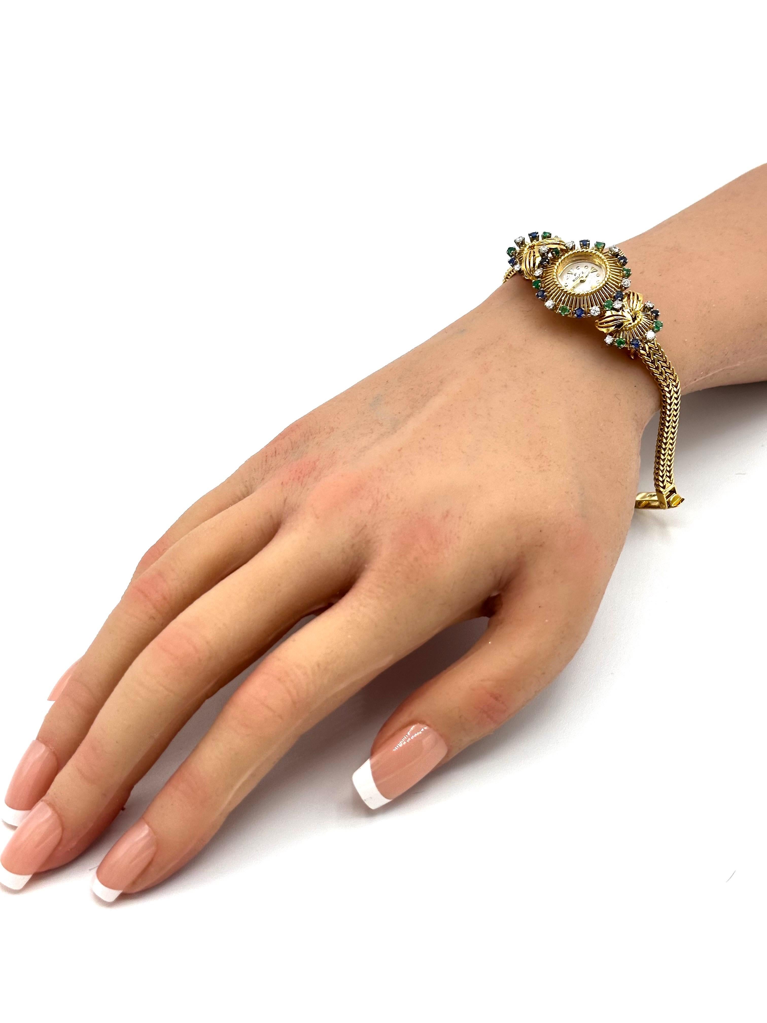 Vintage Ladies Rolex w/ Diamond Sapphire & Emerald in 18K w/ Clips For Sale 4