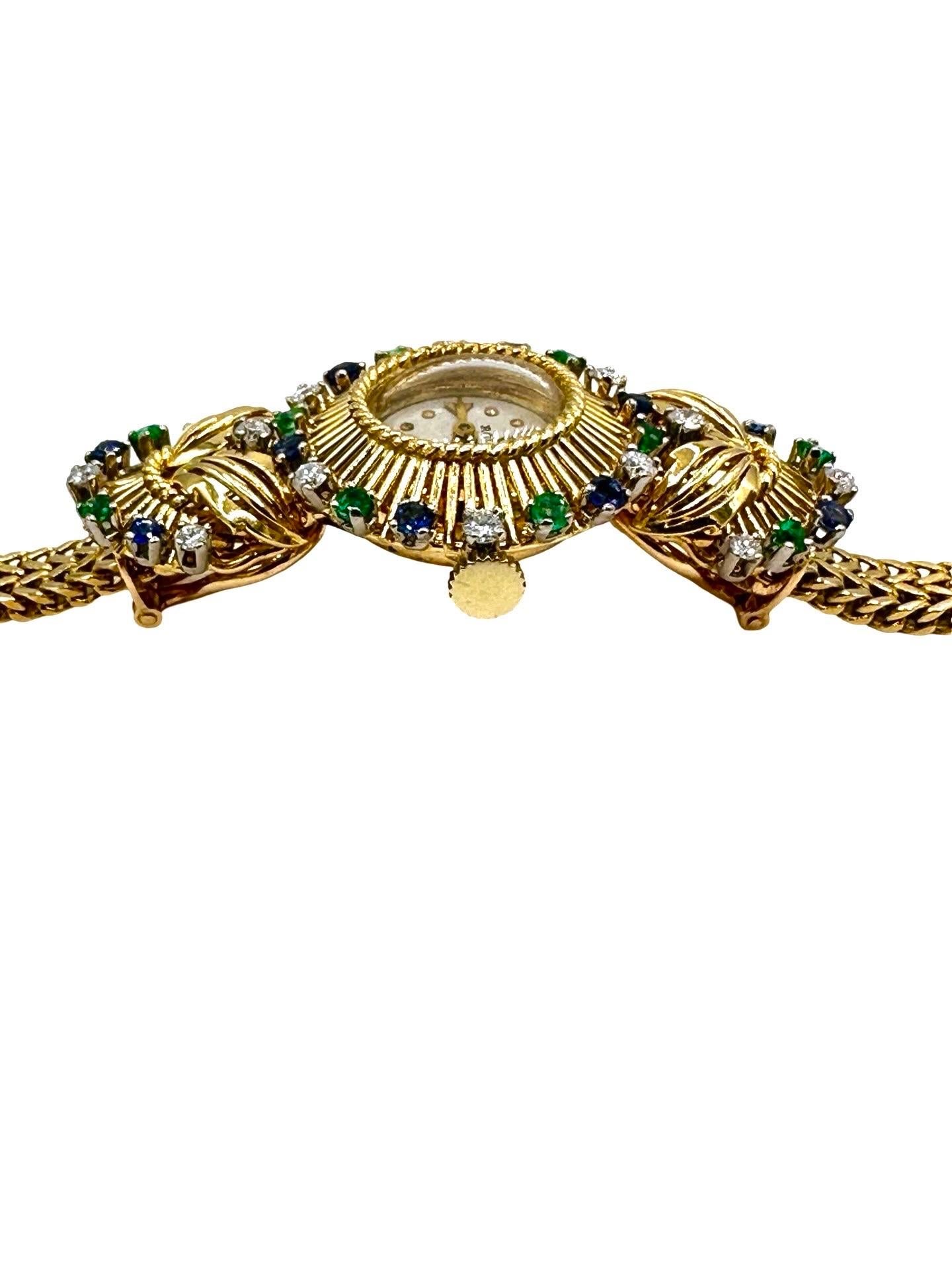 Round Cut Vintage Ladies Rolex w/ Diamond Sapphire & Emerald in 18K w/ Clips For Sale