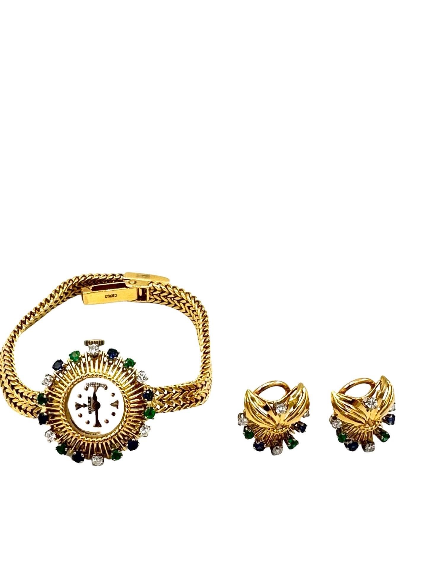 Vintage Ladies Rolex w/ Diamond Sapphire & Emerald in 18K w/ Clips In Excellent Condition For Sale In Chevy Chase, MD