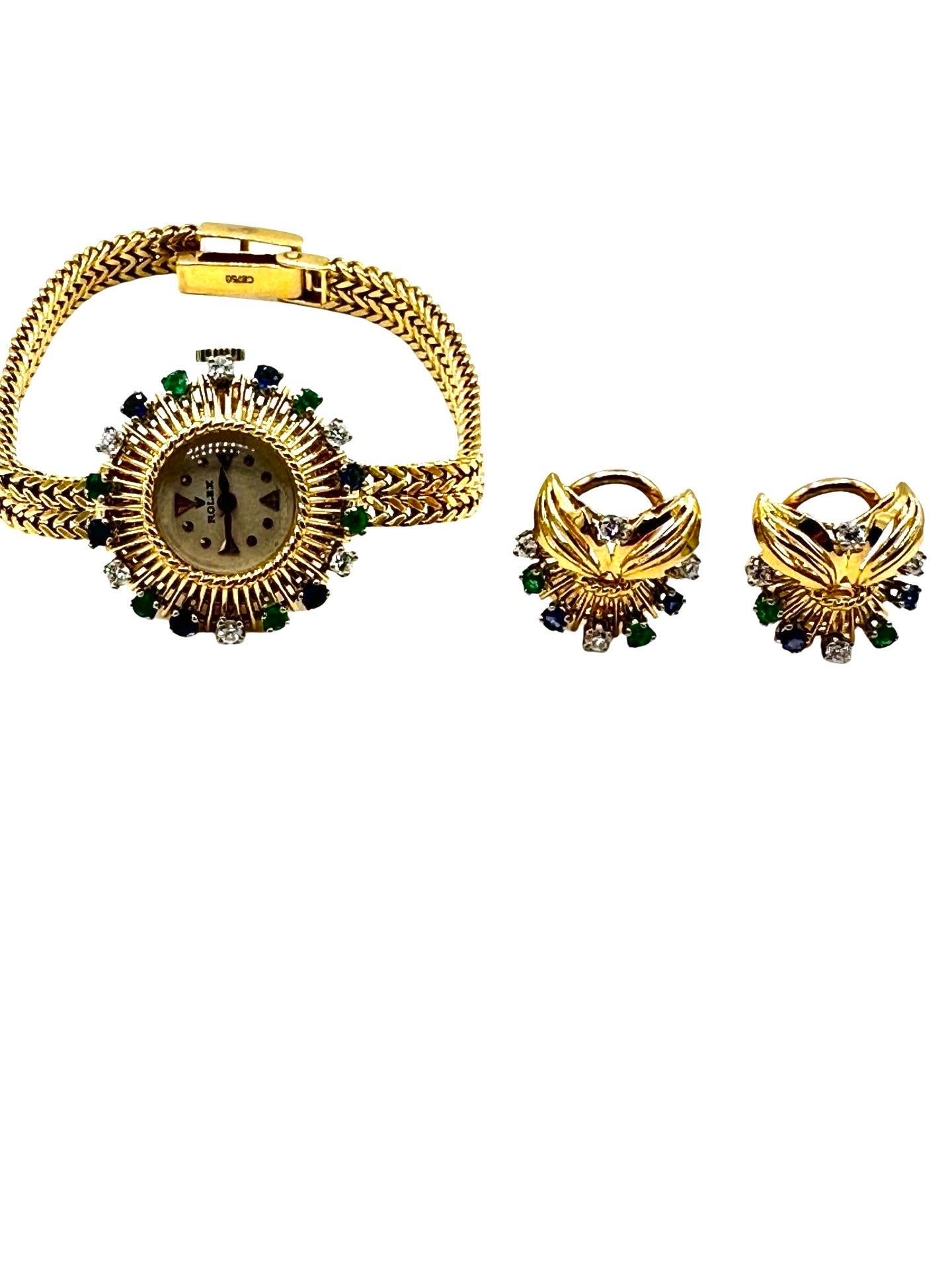 Vintage Ladies Rolex w/ Diamond Sapphire & Emerald in 18K w/ Clips For Sale 3