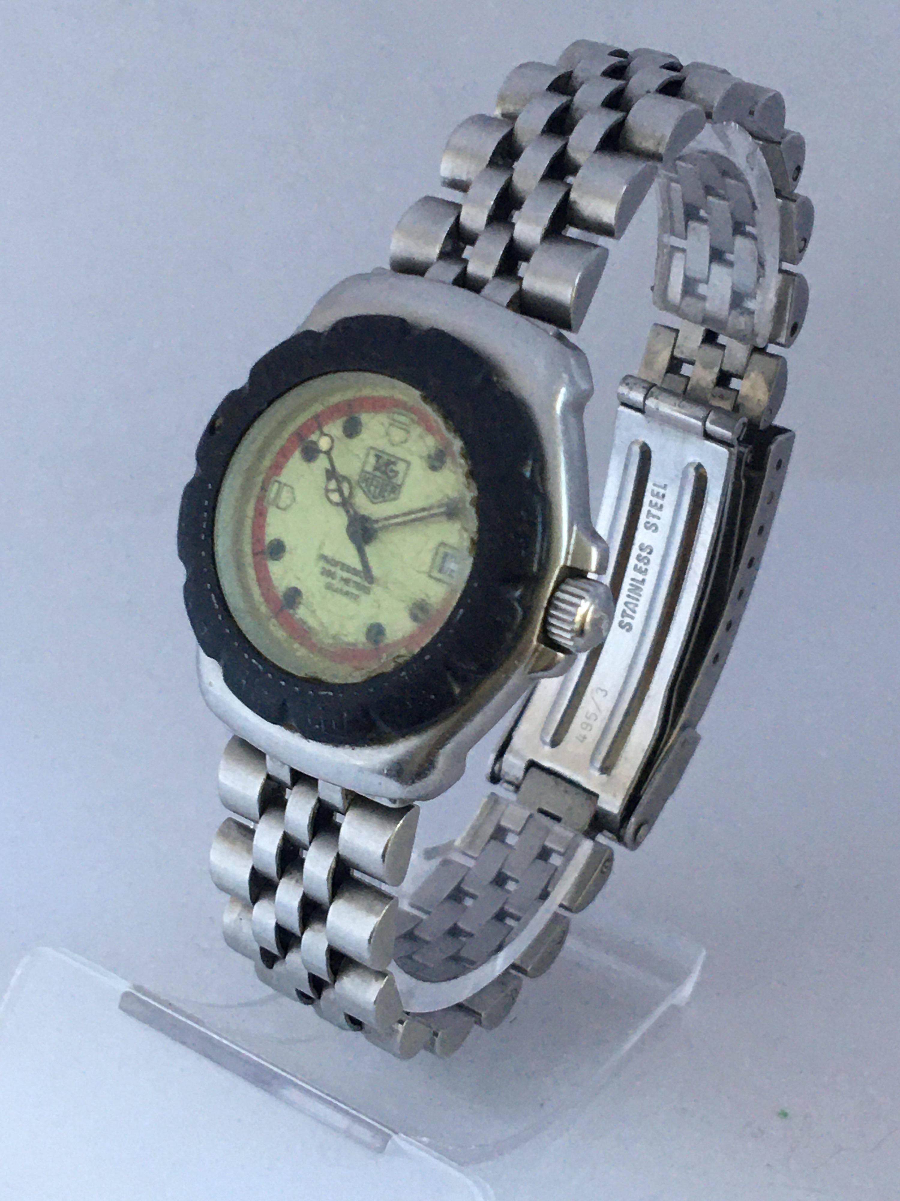This Beautiful Pre-owned battery operated watch is in good working condition and it runs well. Visible signs of wearing and has aged with some scratches and chipped on the glass as shown and some scratches on the stainless steel watch case and