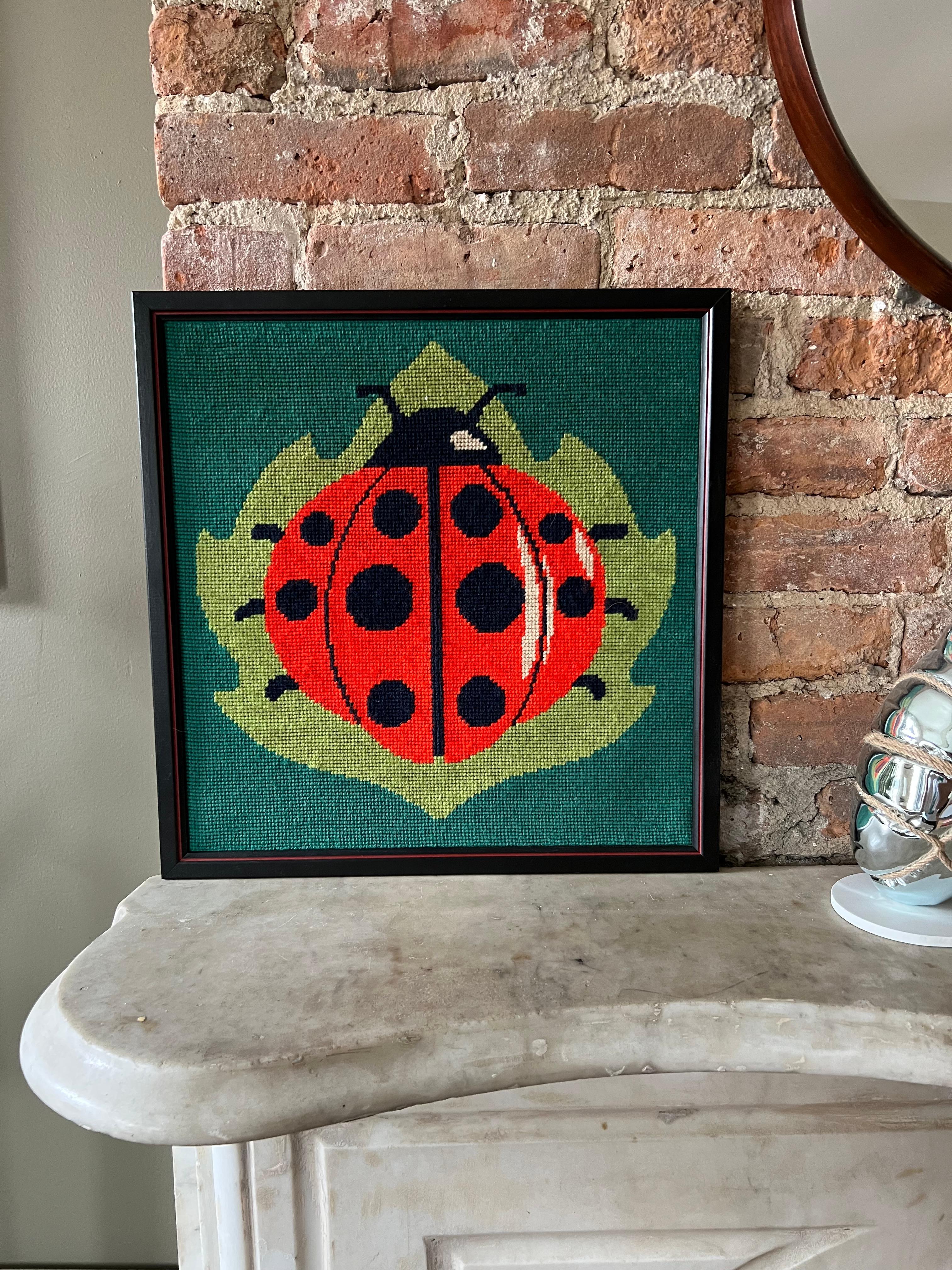 American Vintage Lady Bug Needlepoint Wall Art For Sale
