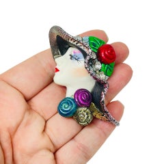 Vintage lady in hat porcelain designer artisan brooch