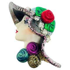 Vintage lady in hat porcelain designer artisan brooch