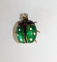Vintage Ladybug Brooch Italian 18K Gold and Enamel with Diamond Tip