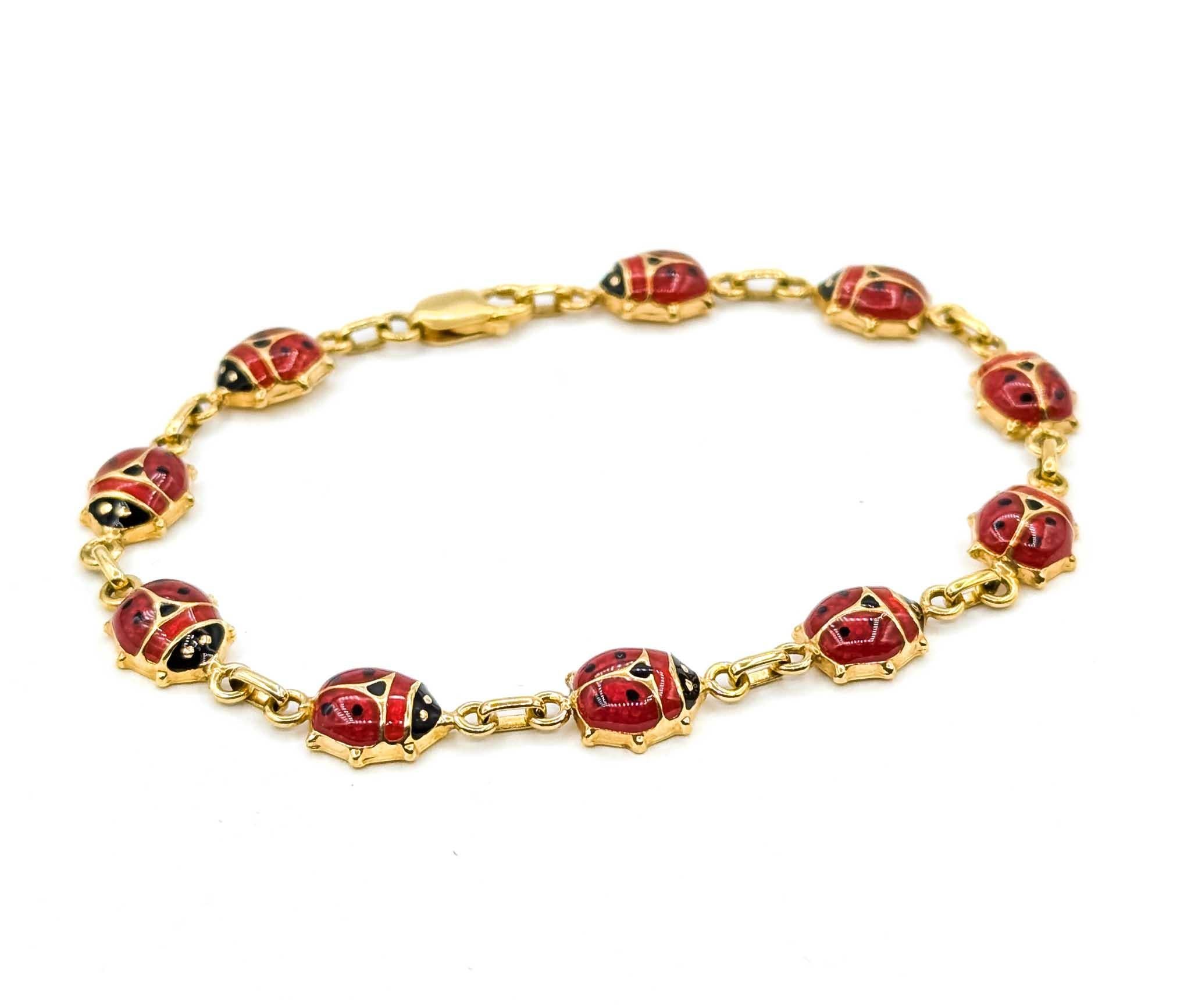 Bracelet vintage en émail coccinelle en or jaune 14k Excellent état - En vente à Bloomington, MN
