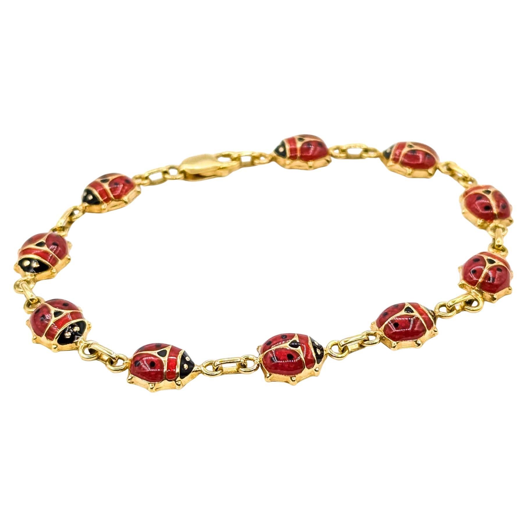 Bracciale vintage con smalto a forma di coccinella in oro giallo 14k