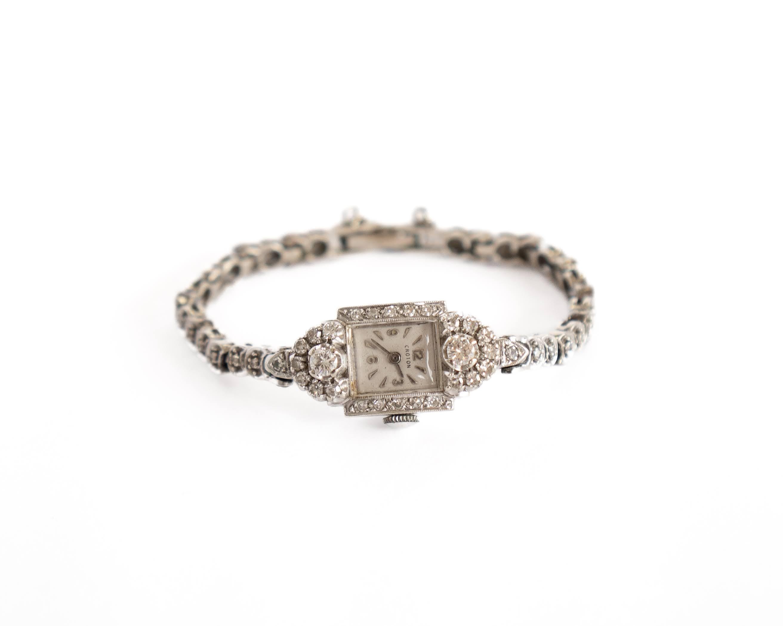 Taille ronde Montre vintage pour femmes Croton en or blanc 14 carats et diamants en vente