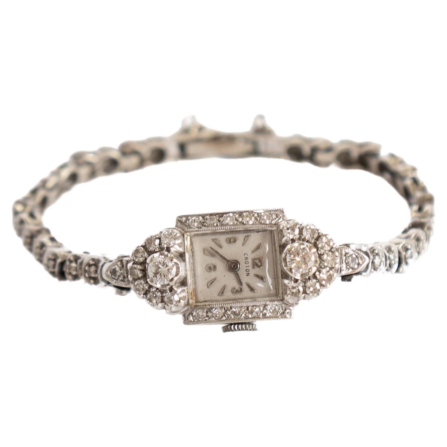 Montre vintage pour femmes Croton en or blanc 14 carats et diamants