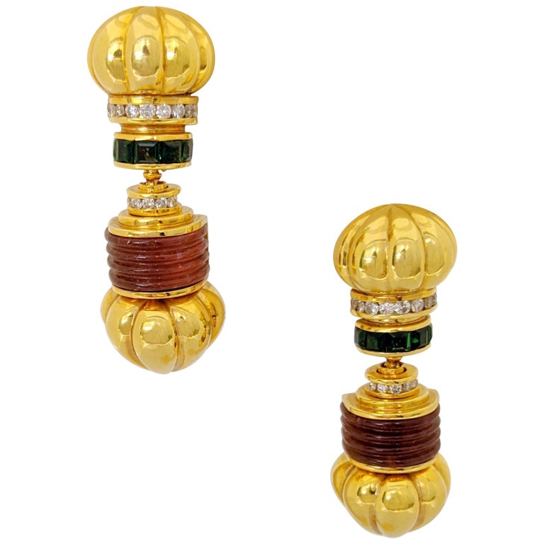 Vintage Lagos 18 Karat Yellow Gold Caviar Earrings with Tourmaline and