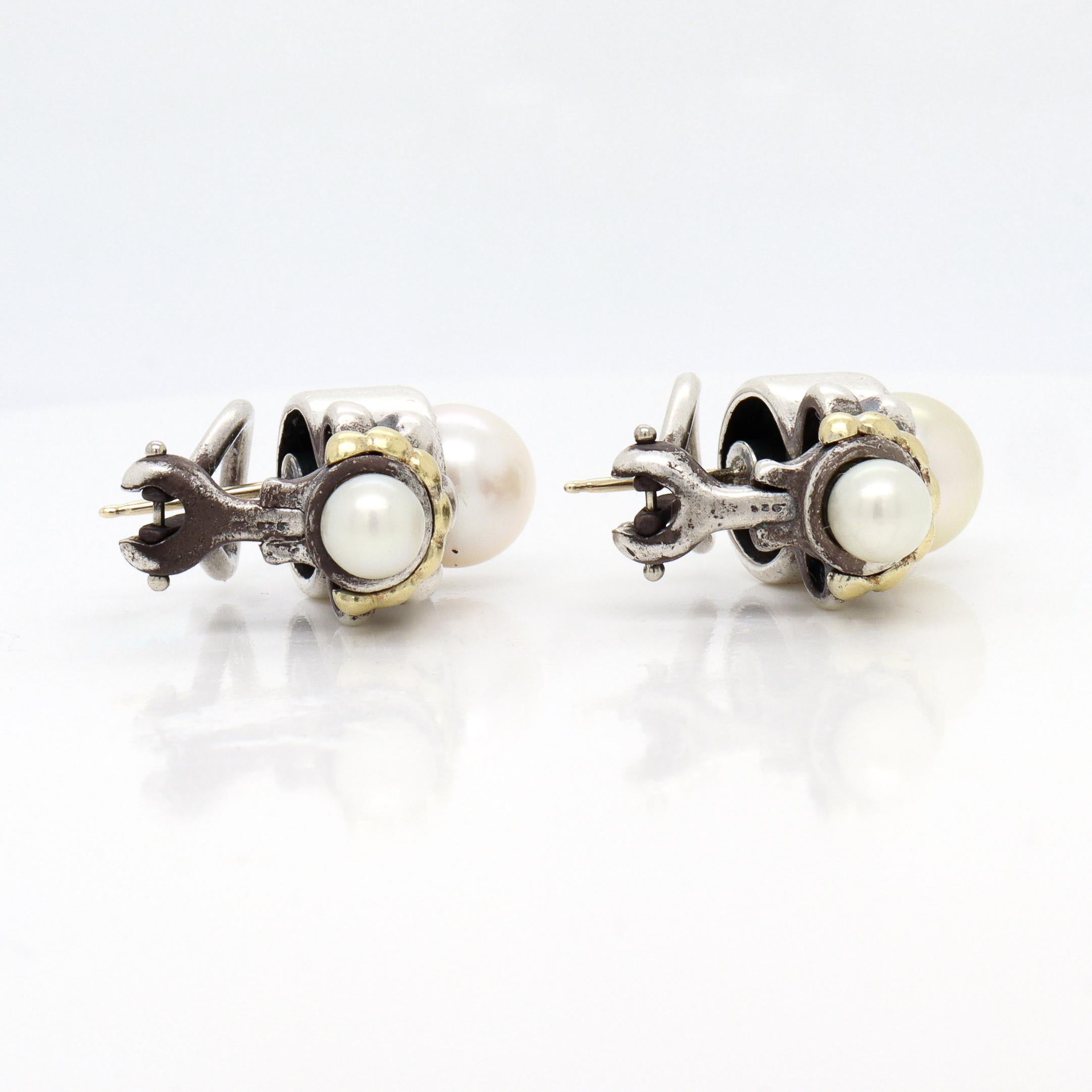 Vintage Lagos Caviar Sterling Silver, 18K Gold, & Pearl Earrings im Angebot 4