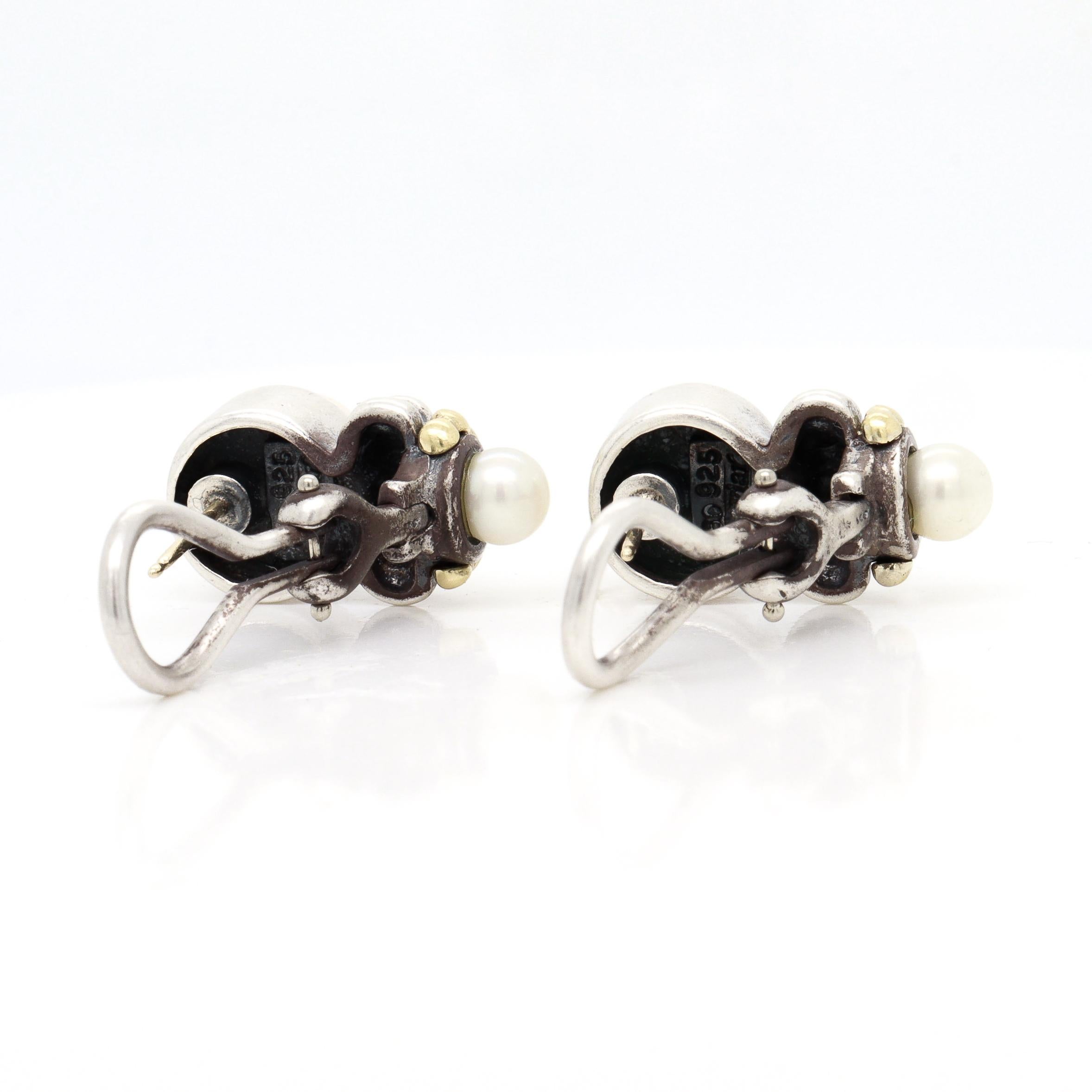 Vintage Lagos Caviar Sterling Silver, 18K Gold, & Pearl Earrings im Angebot 5