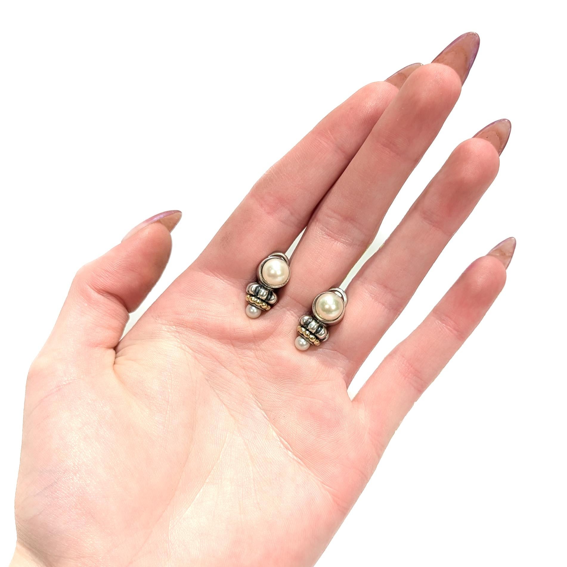 Vintage Lagos Caviar Sterling Silver, 18K Gold, & Pearl Earrings (Rundschliff) im Angebot